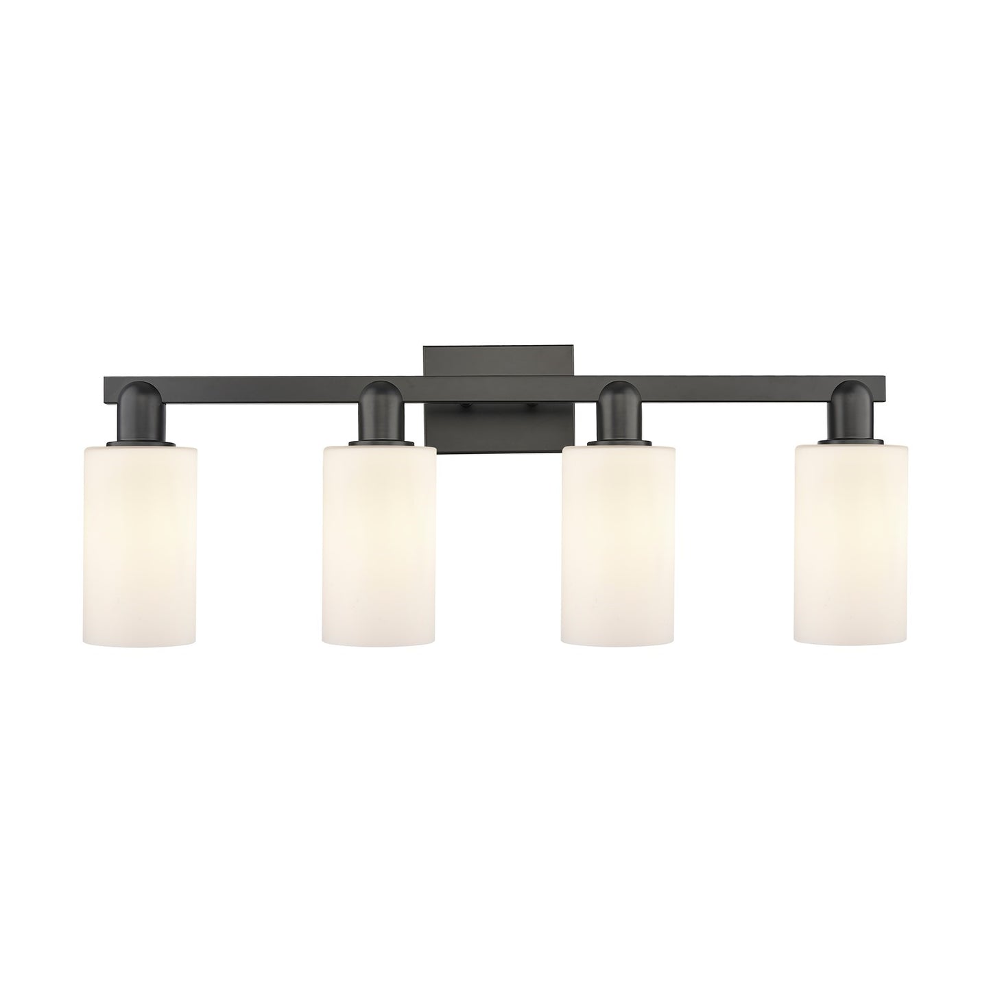Innovations Clymer 31in 4-Light Bath Vanity Light | Industrial Matte Black Steel and Matte White Glass | Bathroom Vanity & Powder | Model 716-4W-BK-G801