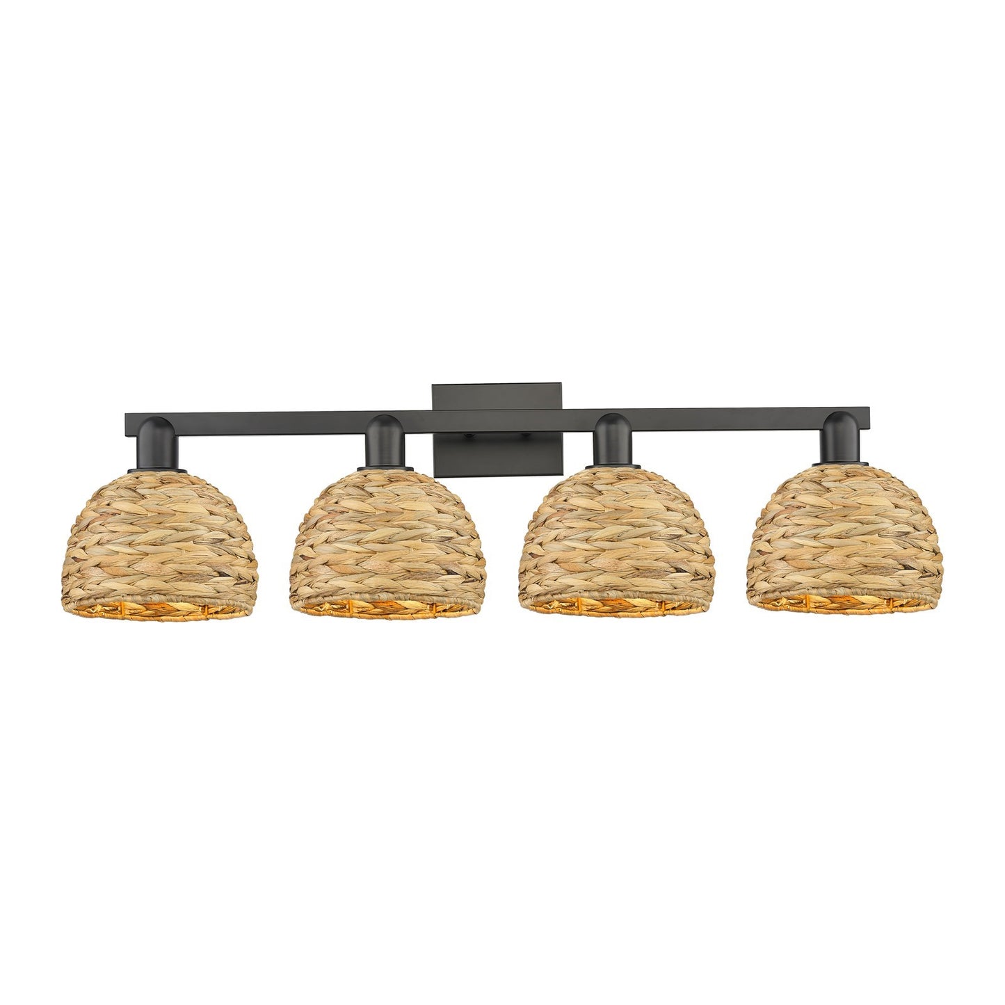 Innovations Woven Rattan 35in 4-Light Bath Vanity | Industrial Matte Black Steel and Natural Fiber Dome Shades | Bathroom | Model 716-4W-BK-RBD-8-NAT