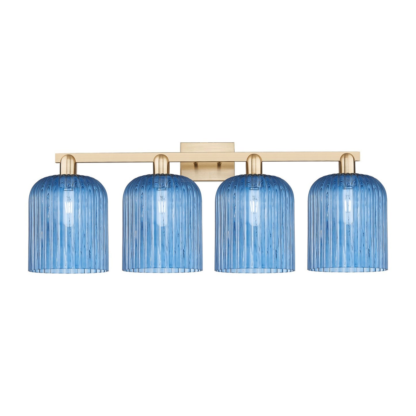 Innovations Bridal Veil 35in 4-Light Bath Vanity Light | Industrial Champagne Bronze Steel and Princess Blue Ribbed Glass | Model 716-4W-CB-G559-8BL