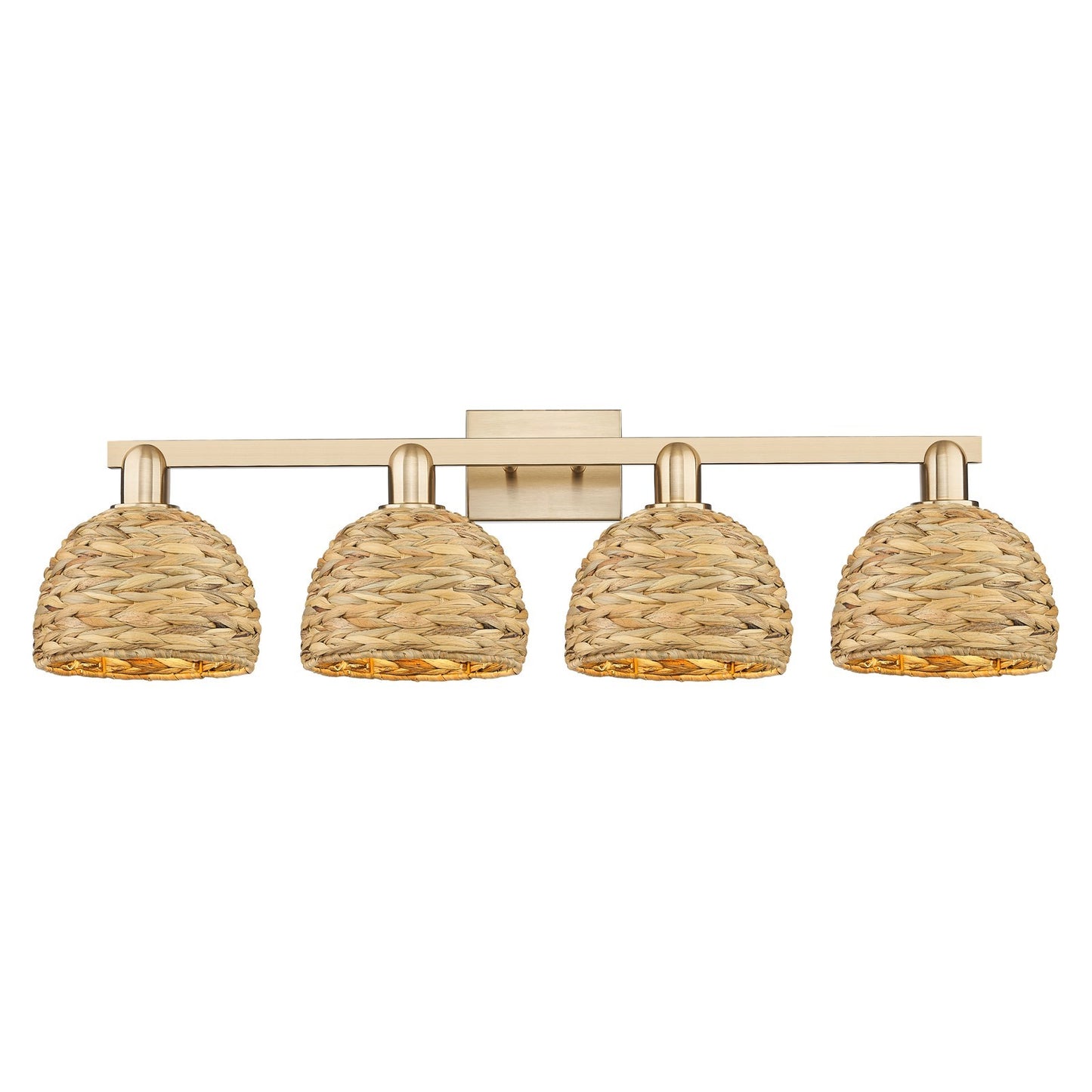 Innovations Woven Rattan 35in 4-Light Bath Vanity Light | Industrial Champagne Bronze Steel and Natural Fiber Dome Shade | Model 716-4W-CB-RBD-8-NAT