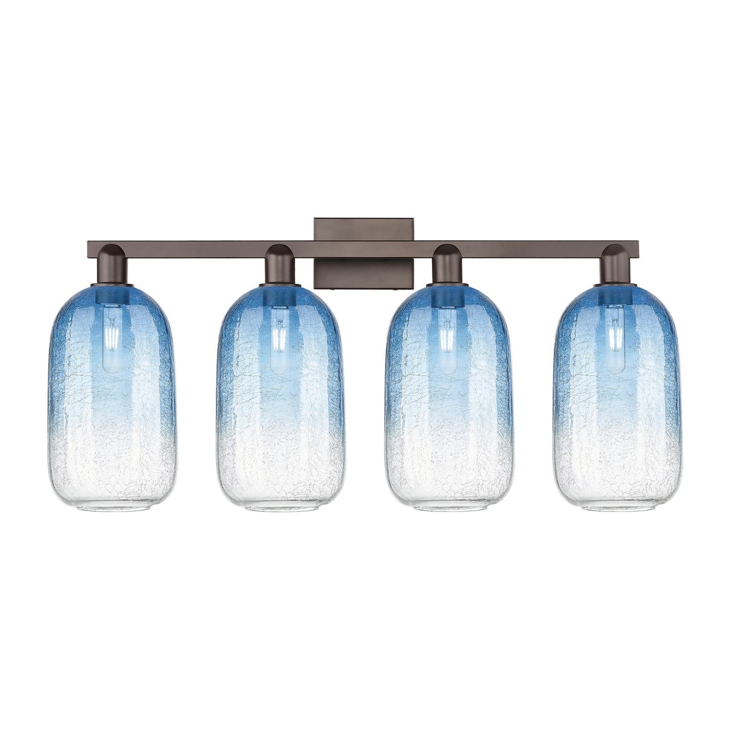Innovations Brookhaven Cloche 34in 4-Light Bath Vanity Light | Industrial Oil Rubbed Bronze and Sapphire Blue Glass | Bathroom | Model 716-4W-OB-G482-7SB