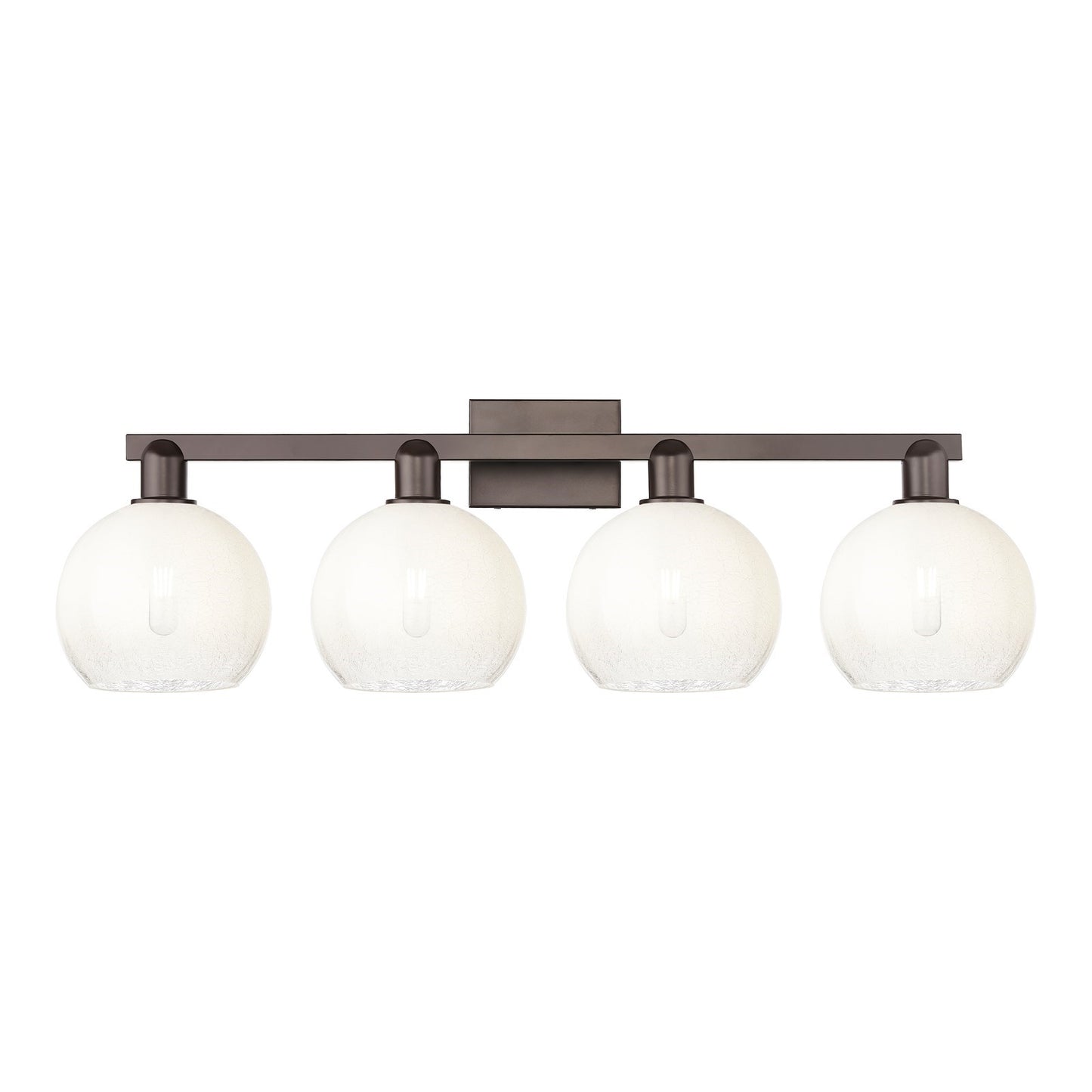 Innovations Brookhaven Globe 35in 4-Light Bath Vanity Light | Industrial Oil Rubbed Bronze Steel and Opal Glass | Damp Rated | Model 716-4W-OB-G483-8OP