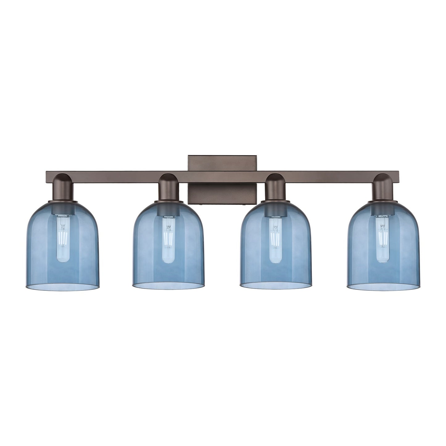 Innovations Bella 33in 4-Light Bath Vanity Light | Industrial Oil Rubbed Bronze Steel and Blue Glass | Bathroom Vanity | Model 716-4W-OB-G558-6BL
