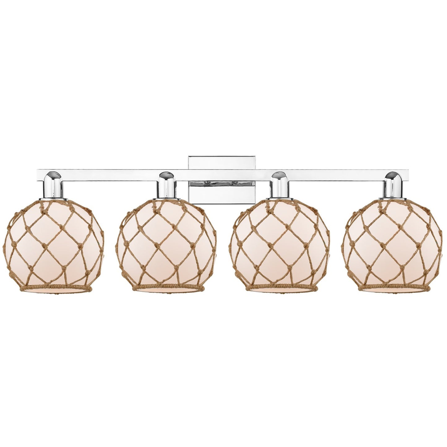 Innovations Farmhouse Rope 35in 4-Light Bath Vanity | Industrial Polished Chrome and White Glass with Brown Rope | Bathroom | Model 716-4W-PC-G121-8RB