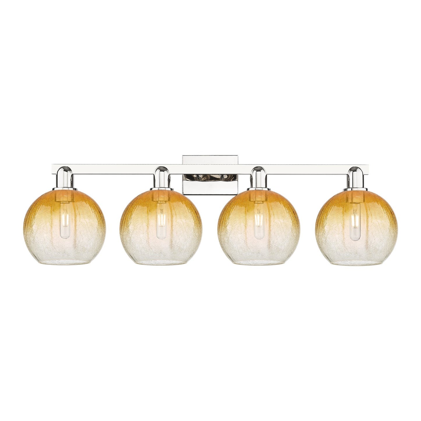 Innovations Brookhaven Globe 35in 4-Light Bath Vanity Light | Industrial Polished Nickel Steel and Amber Glass | Damp-Rated | Model 716-4W-PN-G483-8AM