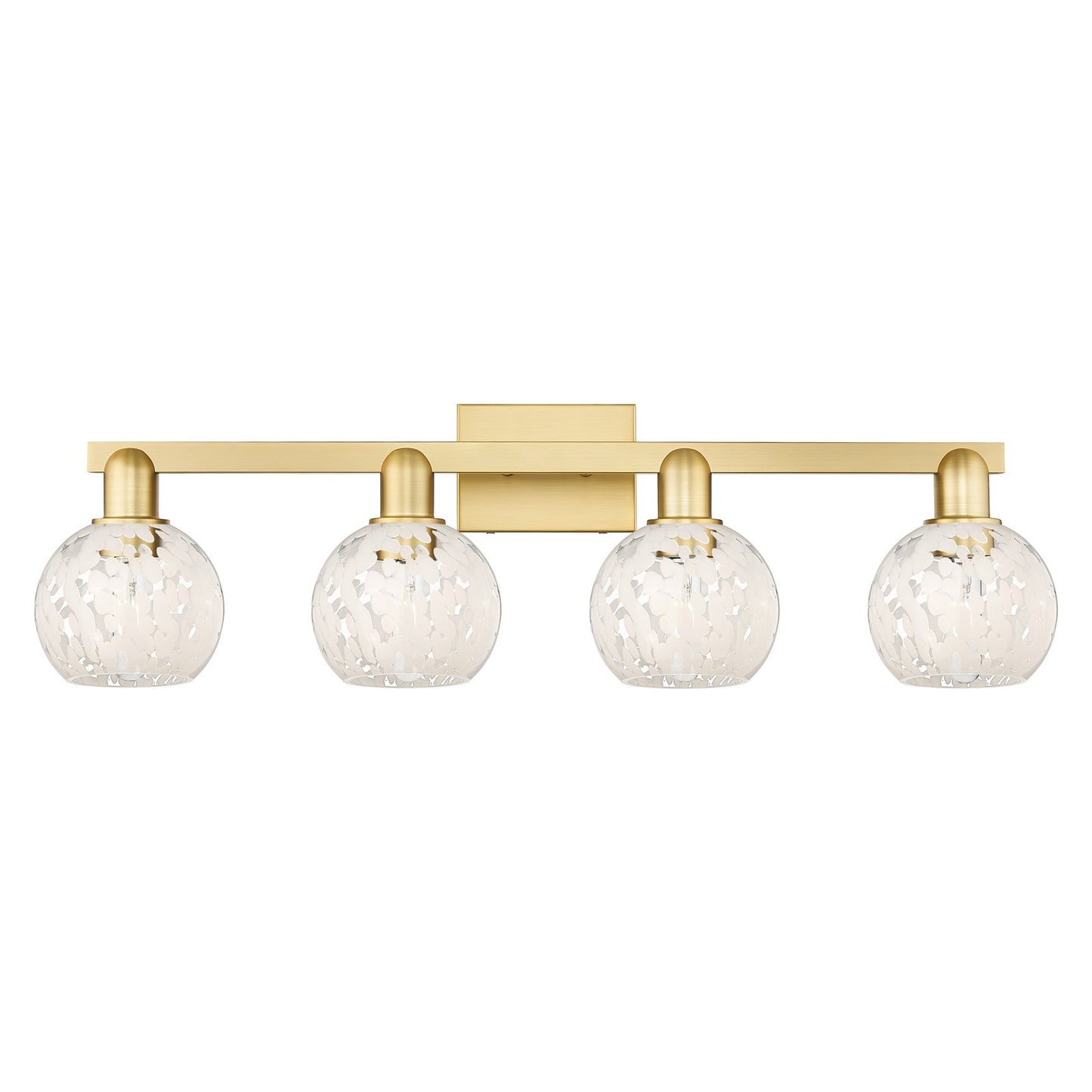 Innovations Lighting White Mouchette 33in 4-Light Bath Vanity | Industrial Satin Gold Steel and White Glass Globe Shades | Model 716-4W-SG-G1216-6WM