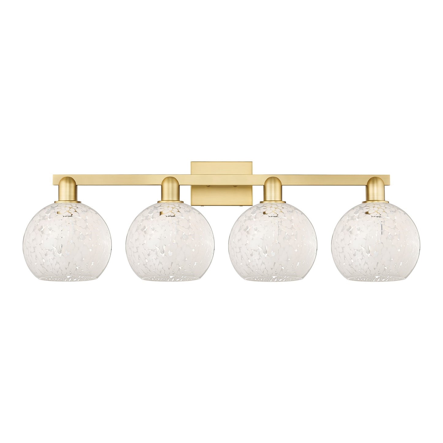 Innovations White Mouchette 35in 4-Light Bath Vanity | Industrial Satin Gold Steel and Cast Brass with White Glass Shades | Model 716-4W-SG-G1216-8WM