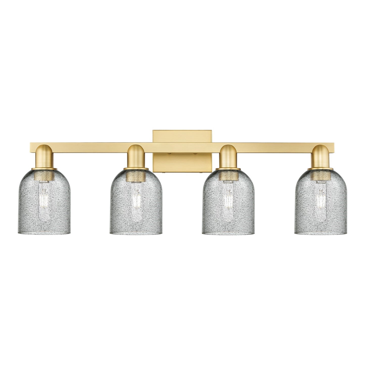 Innovations Caledonia 32in 4-Light Bath Vanity Light | Industrial Satin Gold Steel and Charcoal Glass | Bathroom Vanity & Powder | Model 716-4W-SG-G257