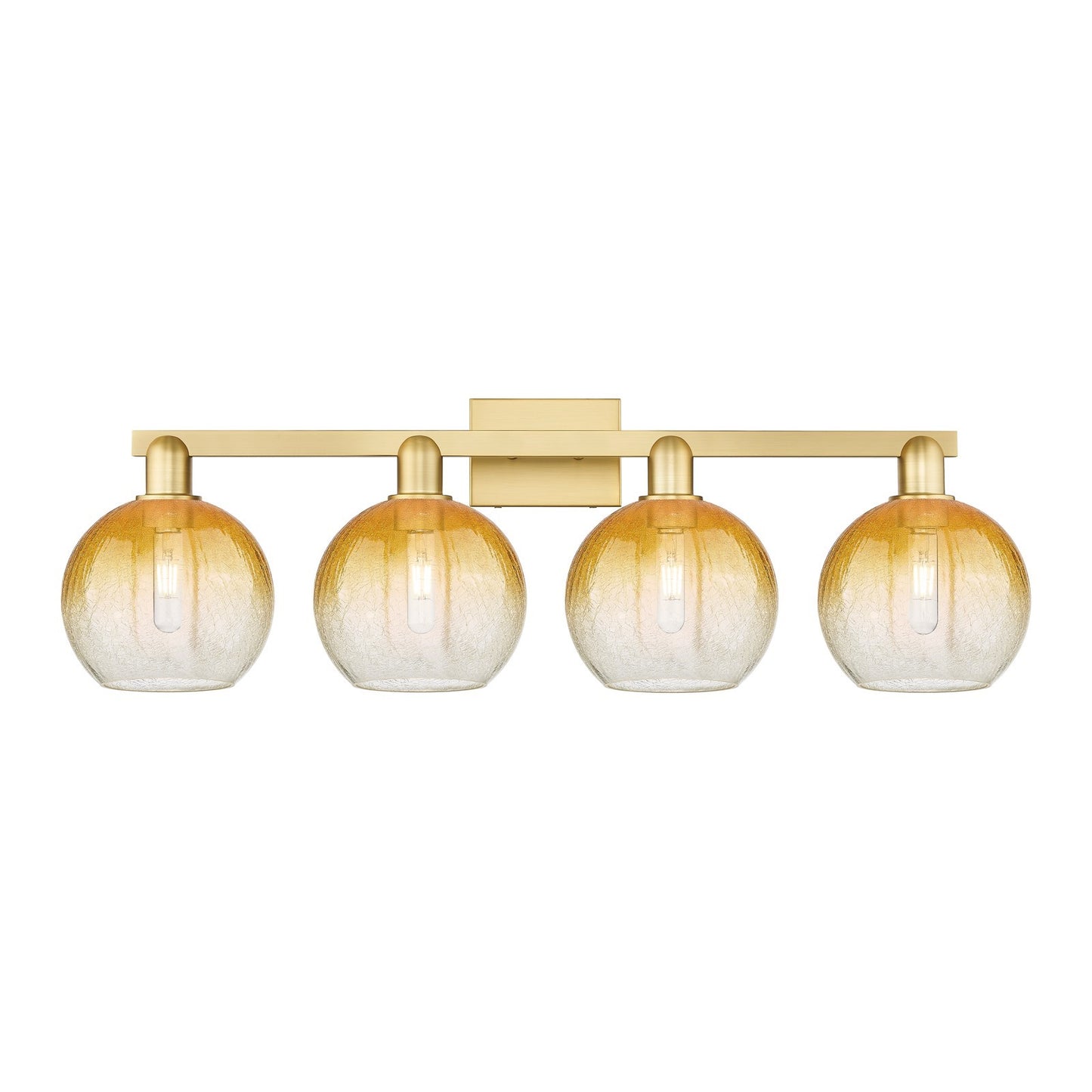 Innovations Brookhaven Globe 35in 4-Light Bath Vanity Light | Industrial Satin Gold Steel and Amber Glass | Bathroom Vanity | Model 716-4W-SG-G483-8AM