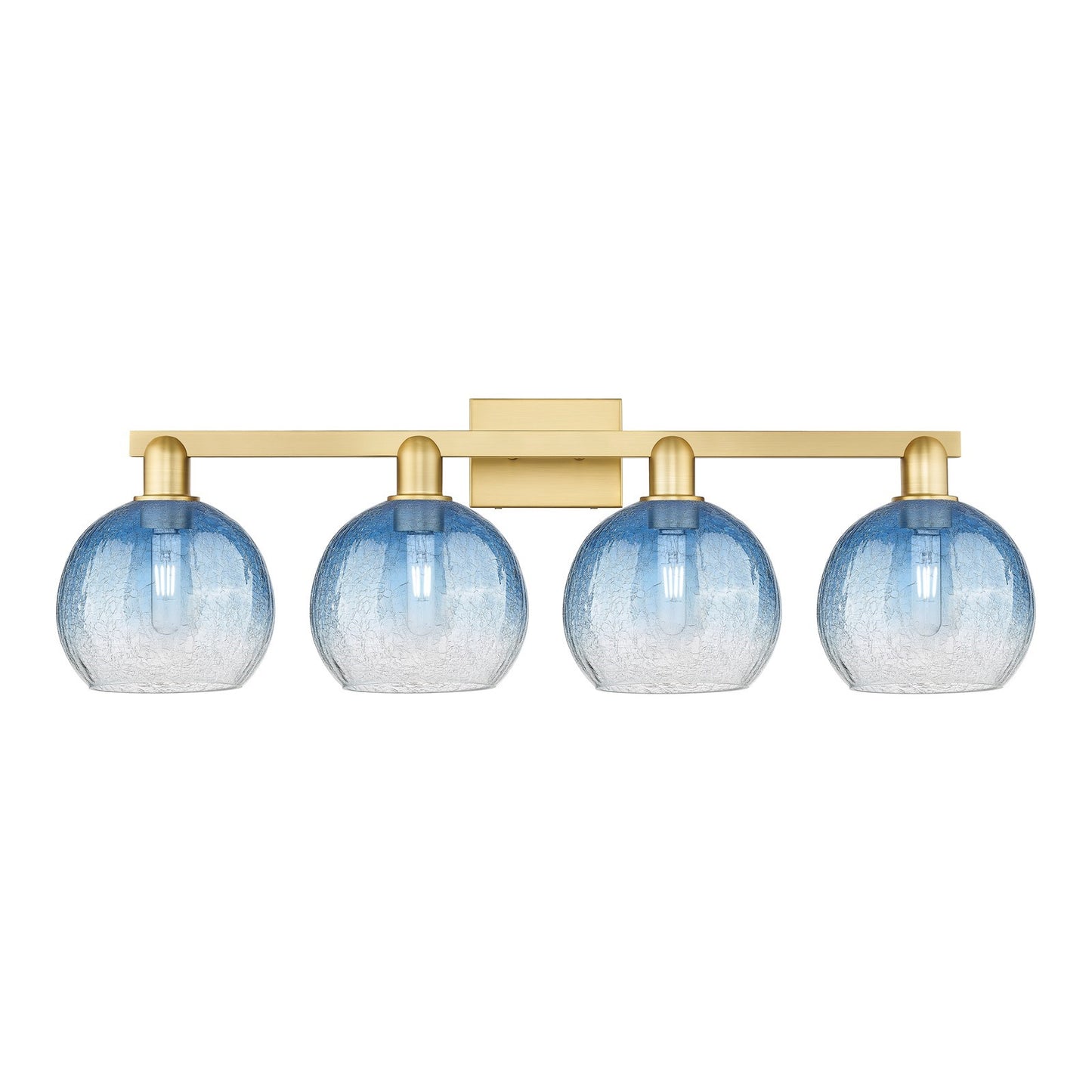 Innovations Brookhaven Globe 35in 4-Light Bath Vanity Light | Industrial Satin Gold Steel and Sapphire Blue Glass | Bathroom | Model 716-4W-SG-G483-8SB