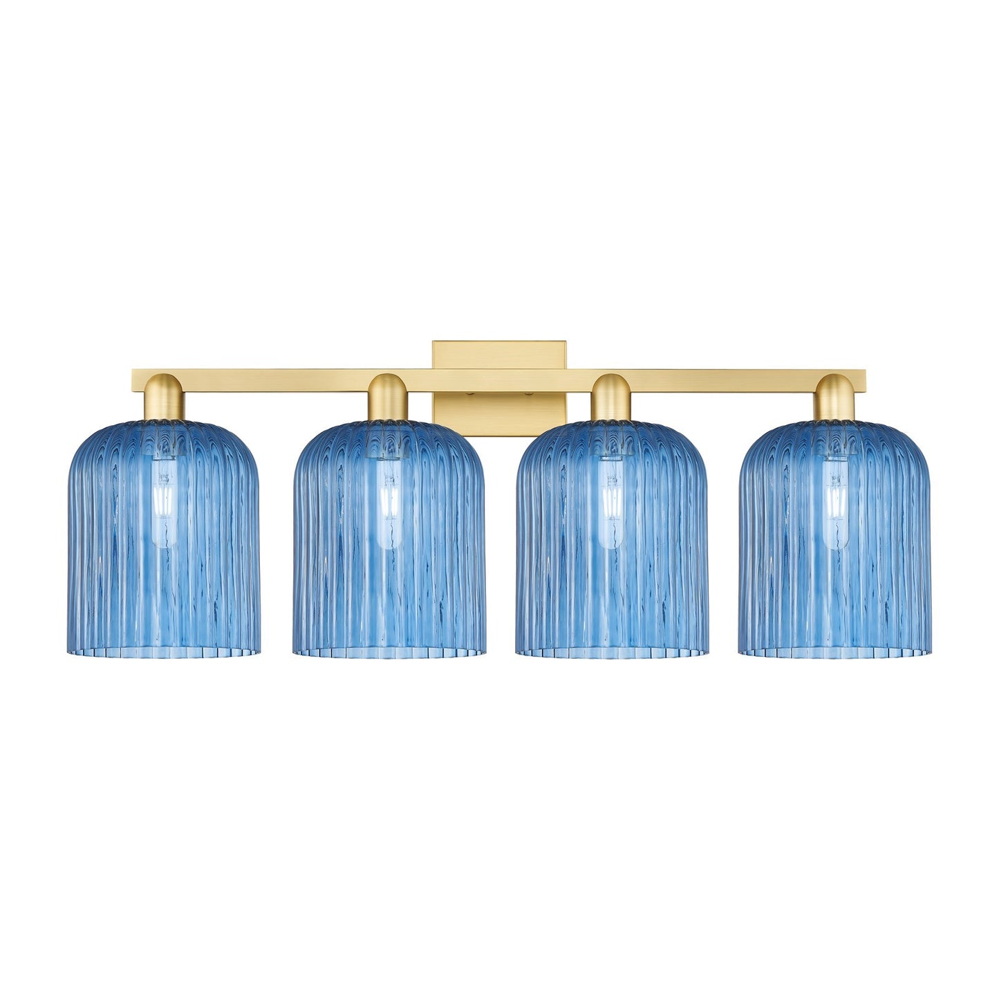 Innovations Bridal Veil 35in 4-Light Bath Vanity Light | Industrial Satin Gold Steel and Princess Blue Ribbed Glass | Bathroom | Model 716-4W-SG-G559-8BL