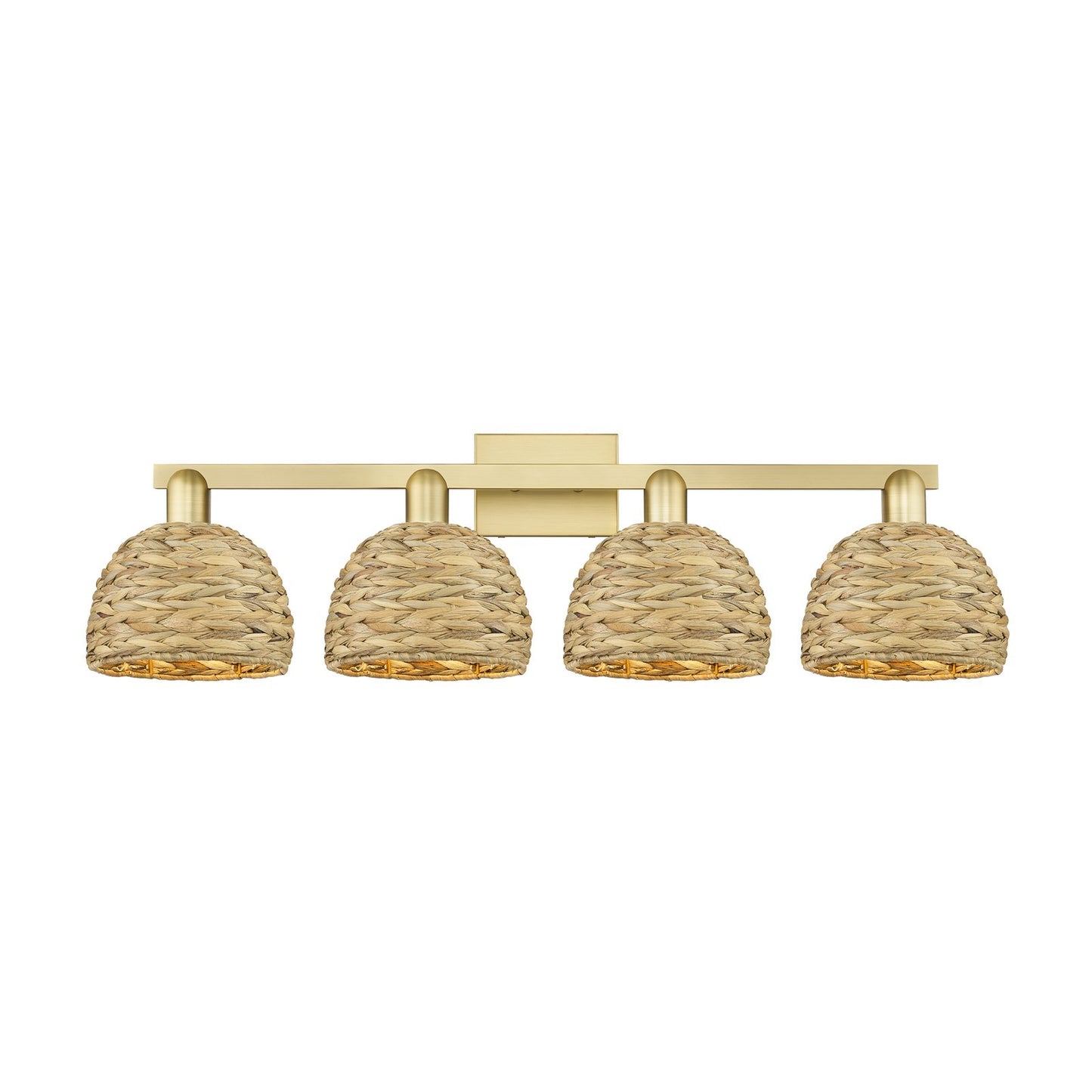 Innovations Woven Rattan 35in 4-Light Bath Vanity | Industrial Satin Gold Steel and Natural Fiber Dome Shades | Bathroom & | Model 716-4W-SG-RBD-8-NAT