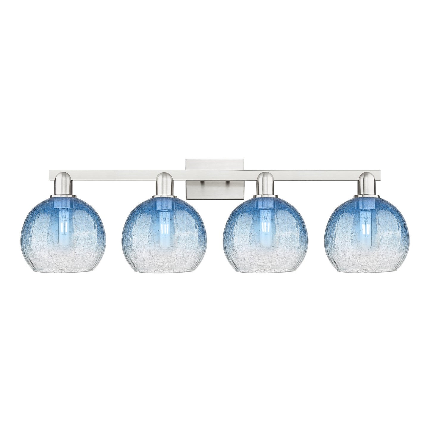 Innovations Brookhaven Globe 35in 4-Light Bath Vanity Light | Industrial Brushed Satin Nickel and Sapphire Blue Glass | Model 716-4W-SN-G483-8SB