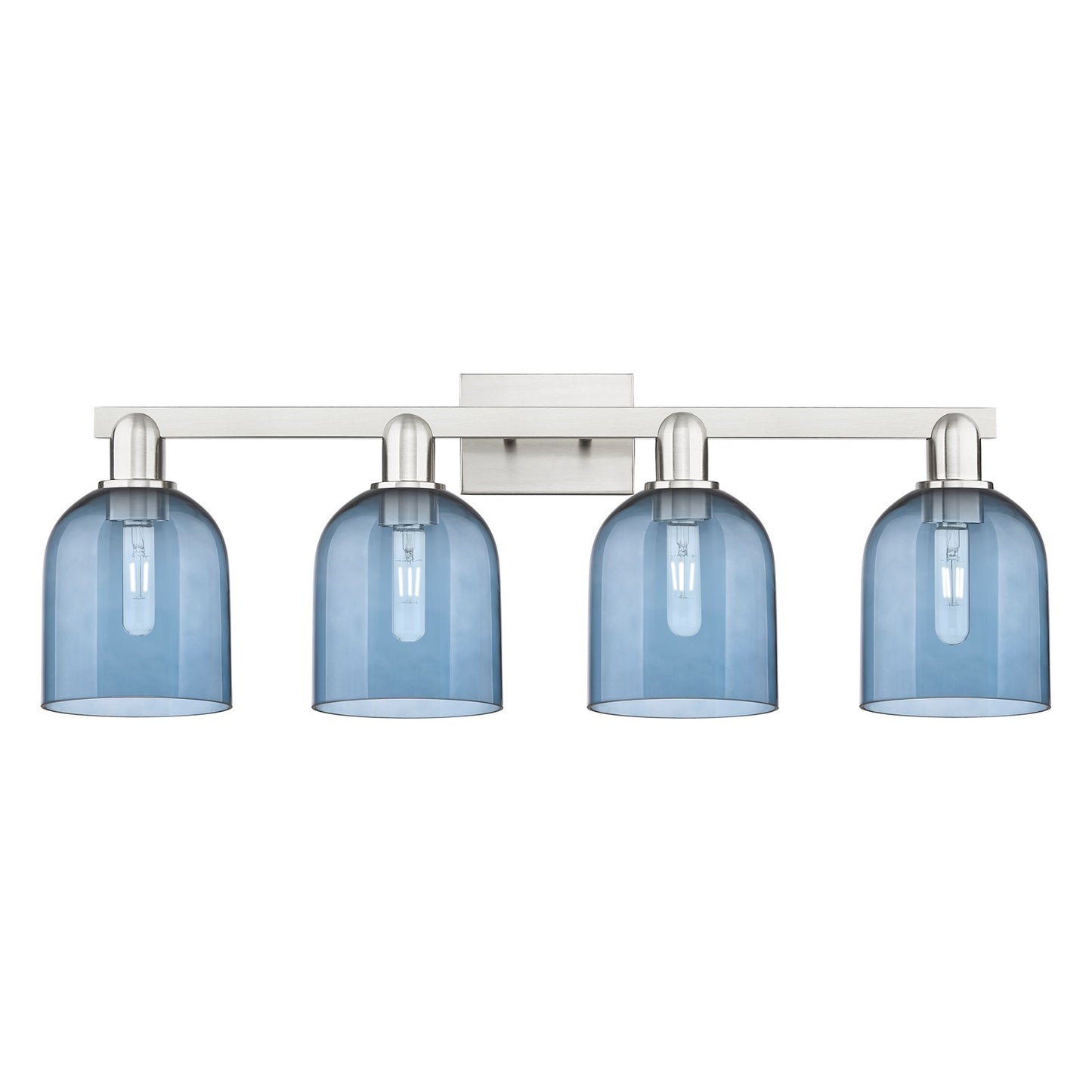 Innovations Bella 33in 4-Light Bath Vanity Light | Industrial Brushed Satin Nickel and Blue Glass | Bathroom Vanity | Model 716-4W-SN-G558-6BL
