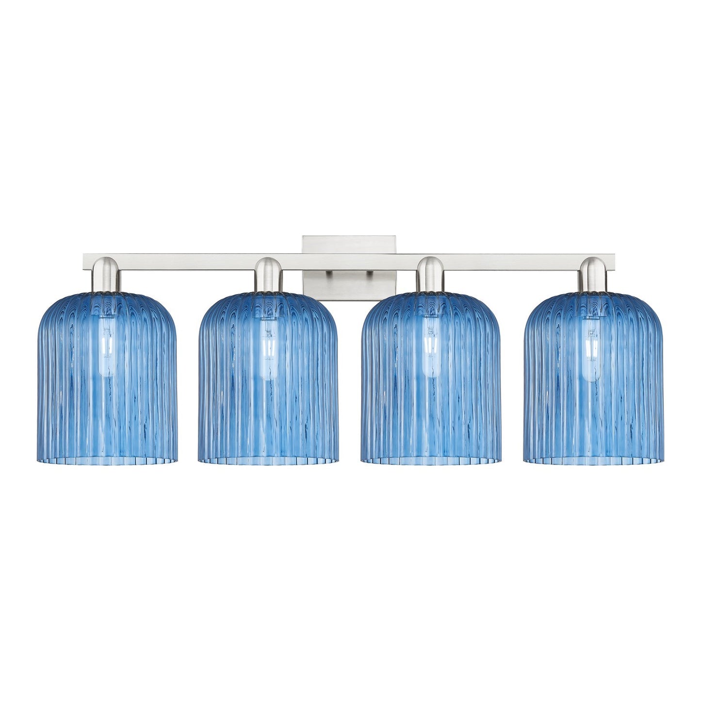 Innovations Bridal Veil 35in 4-Light Bath Vanity Light | Industrial Brushed Satin Nickel and Princess Blue Ribbed Glass | Model 716-4W-SN-G559-8BL