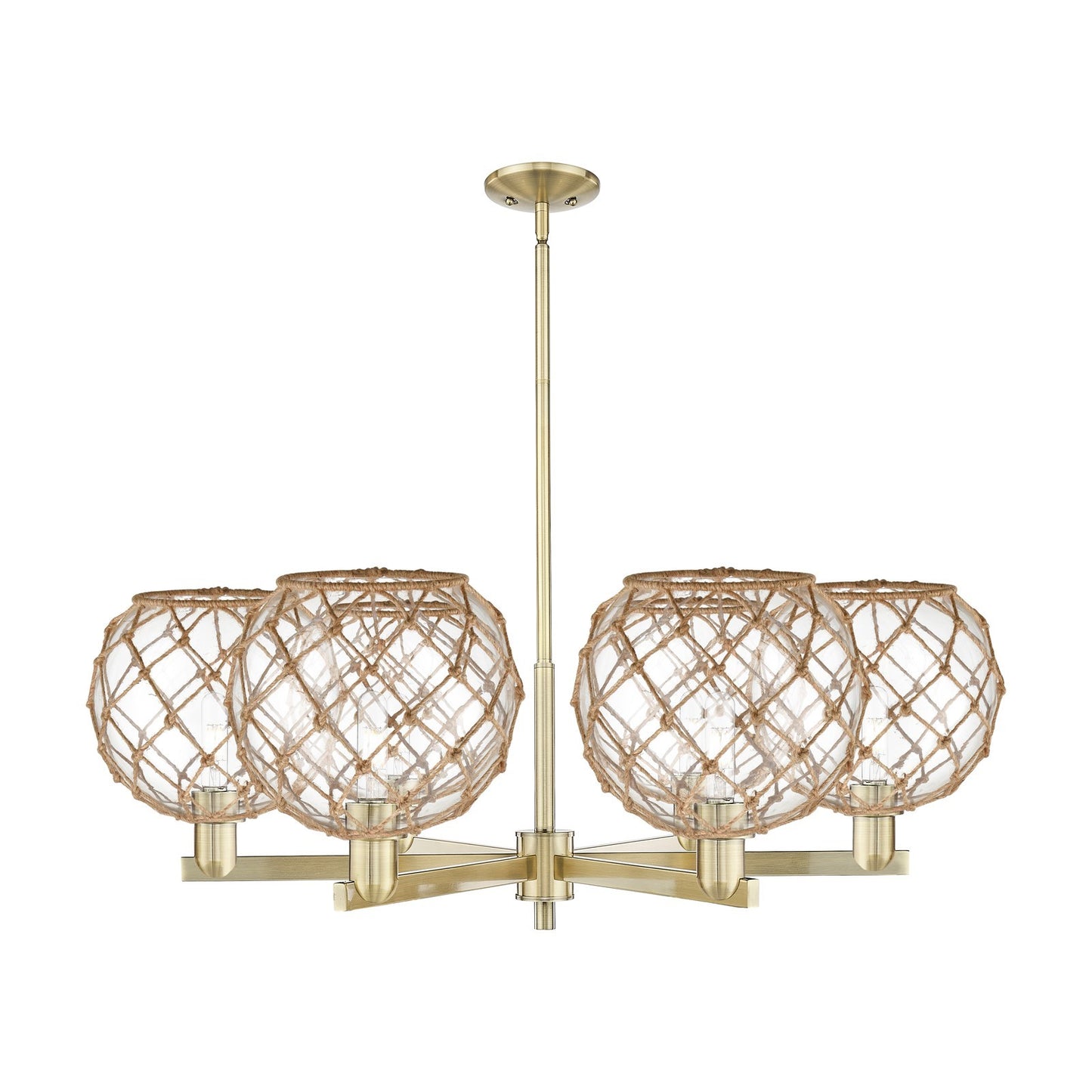 Innovations Farmhouse Rope 40in 6-Light Chandelier | Industrial Antique Brass Steel and Clear Glass with Brown Rope | Dining | Model 716-6CR-AB-G122-10RB
