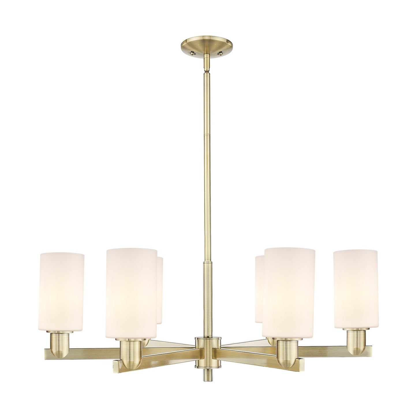 Innovations Clymer 34in 6-Light Chandelier | Industrial Antique Brass Steel and Matte White Glass | Kitchen Island & Dining Room | Model 716-6CR-AB-G801