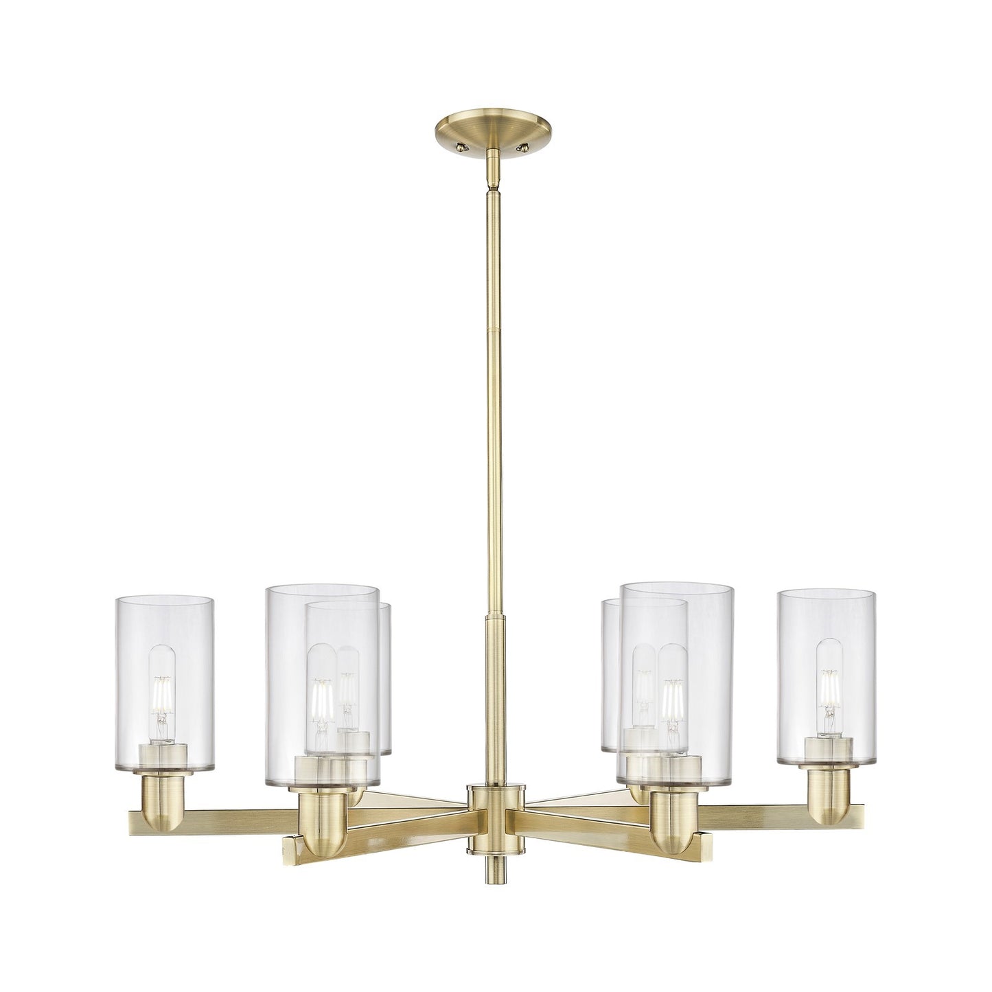 Innovations Clymer 34in 6-Light Chandelier | Industrial Antique Brass Steel and Clear Glass | Dining Room & Living Room | Model 716-6CR-AB-G802