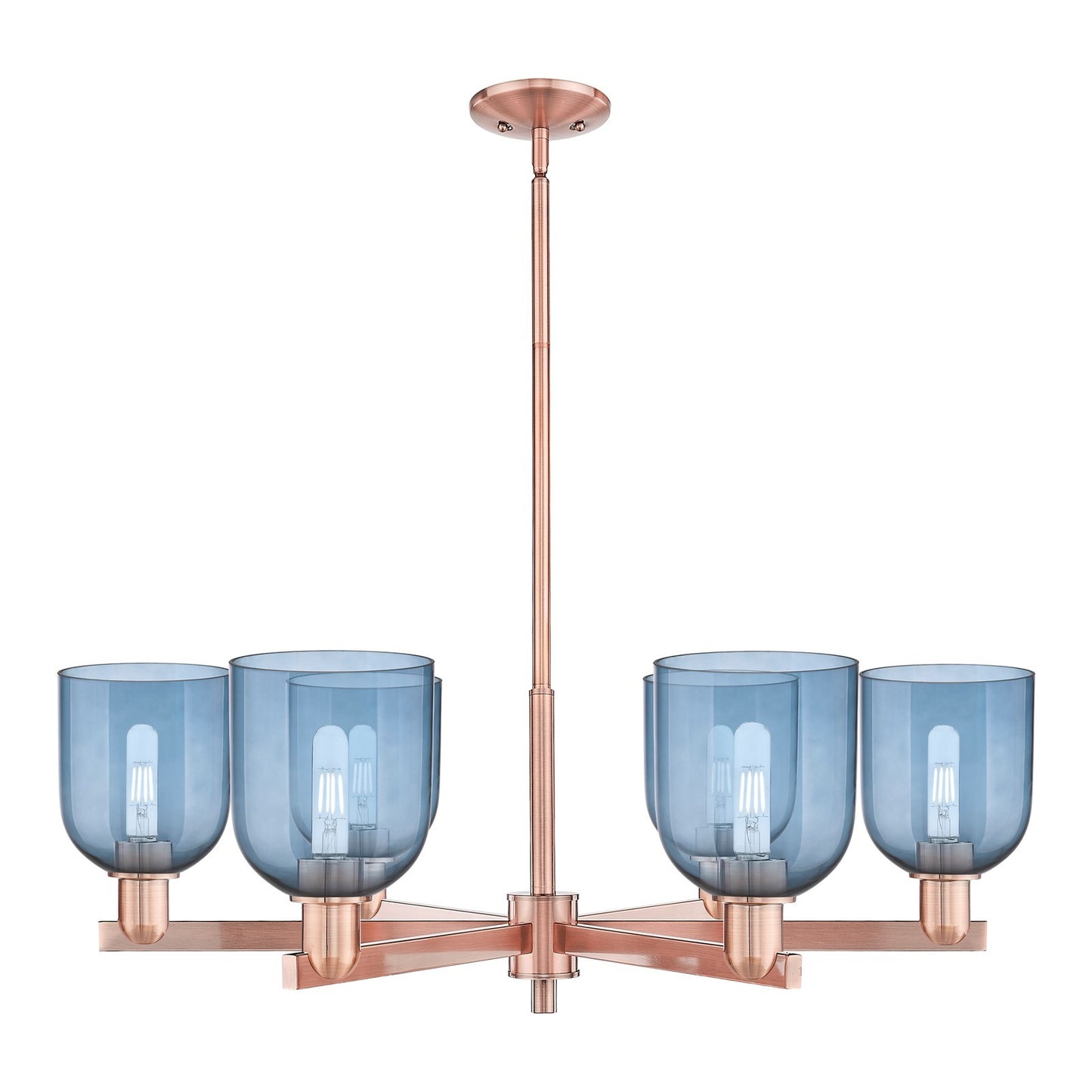 Innovations Bella 35in 6-Light Chandelier | Industrial Antique Copper and Blue Glass | Dining Room & Living Room | Model 716-6CR-AC-G558-6BL