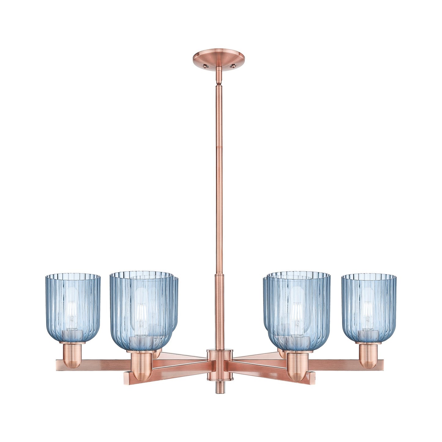 Innovations Bridal Veil 34.75in 6-Light Chandelier | Industrial Antique Copper Steel and Princess Blue Ribbed Glass | Dining | Model 716-6CR-AC-G559-5BL