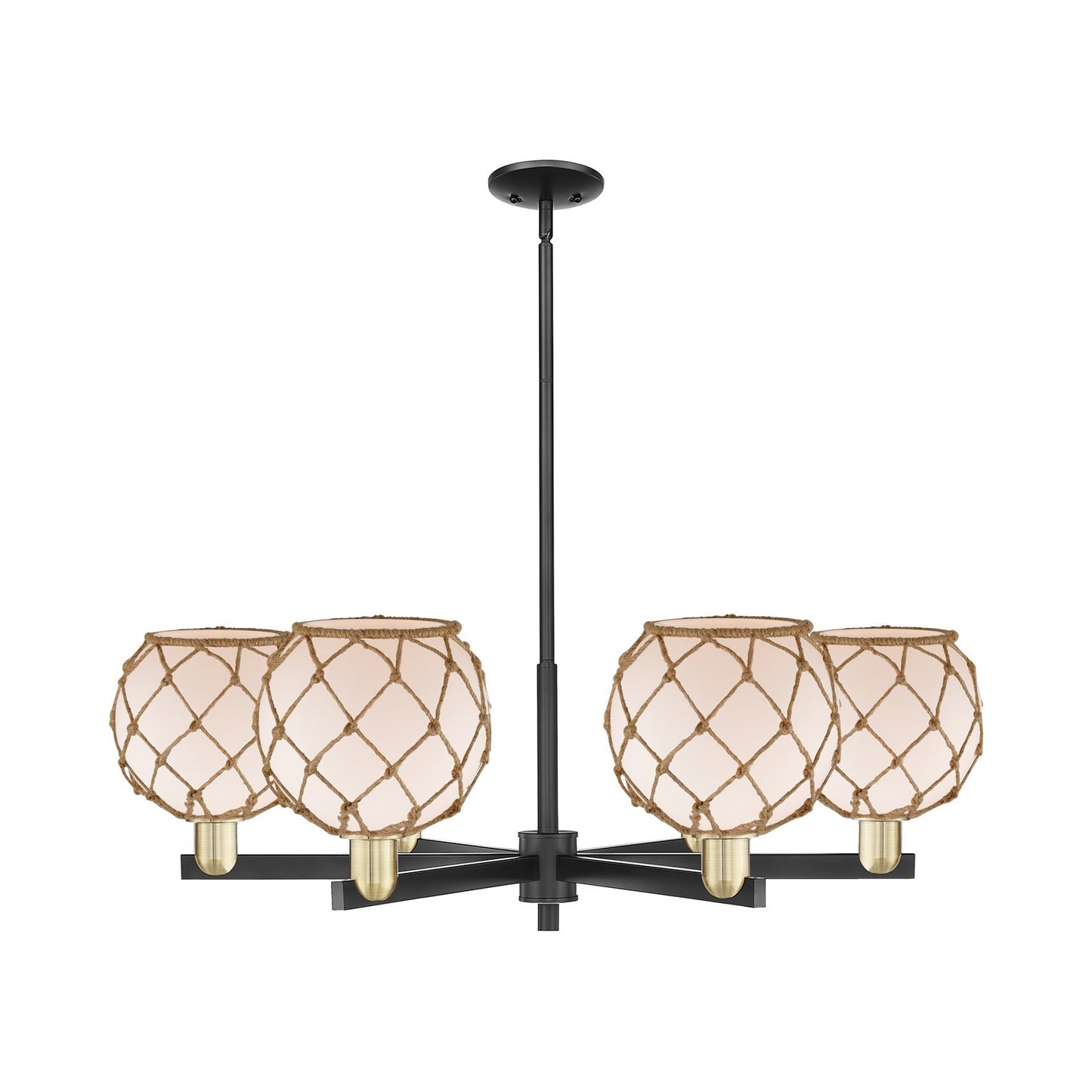 Innovations Farmhouse Rope 38in 6-Light Chandelier | Industrial Black Antique Brass and White Frosted Glass with Brown Rope | Model 716-6CR-BAB-G121-8RB