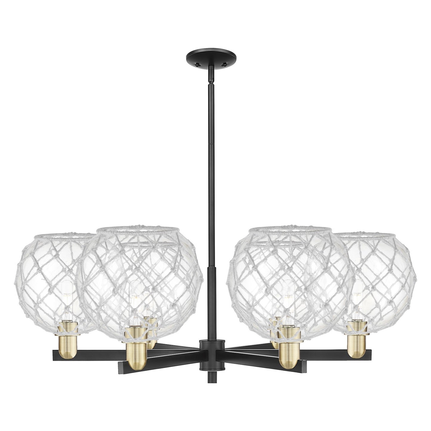 Innovations Farmhouse Rope 40in 6-Light Chandelier | Industrial Black Antique Brass and Clear Glass with White Rope | Dining | Model 716-6CR-BAB-G122-10RW