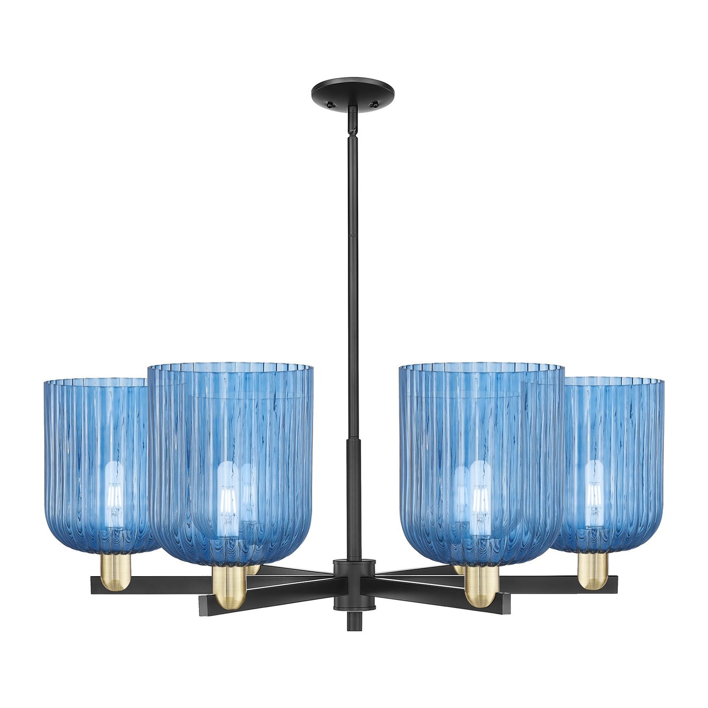 Innovations Bridal Veil 38in 6-Light Chandelier | Industrial Black Antique Brass and Princess Blue Ribbed Glass | Kitchen | Model 716-6CR-BAB-G559-8BL