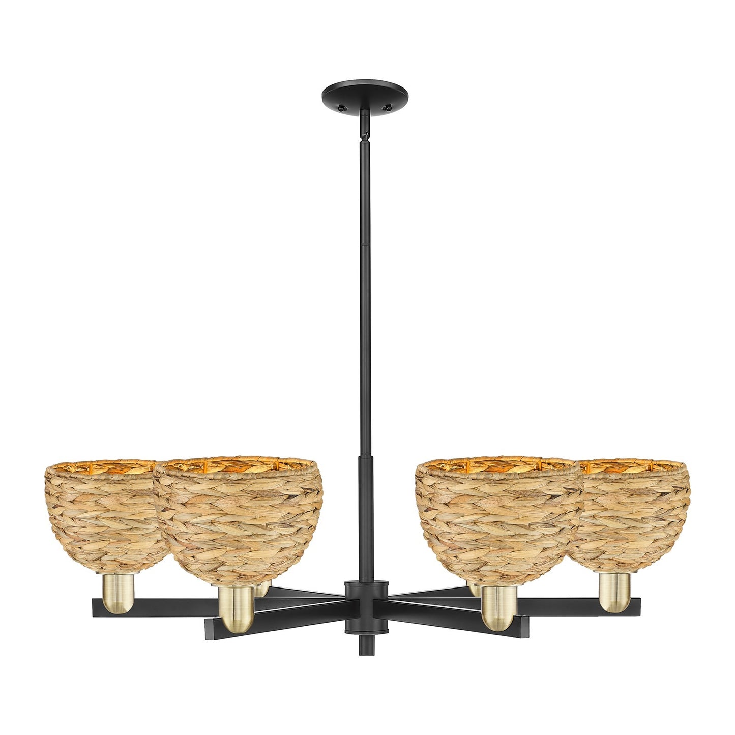 Innovations Arcadia 38in 6-Light Chandelier | Industrial Black Antique Brass and Natural Woven Rattan | Dining Room & Living | Model 716-6CR-BAB-RBD-8-NAT