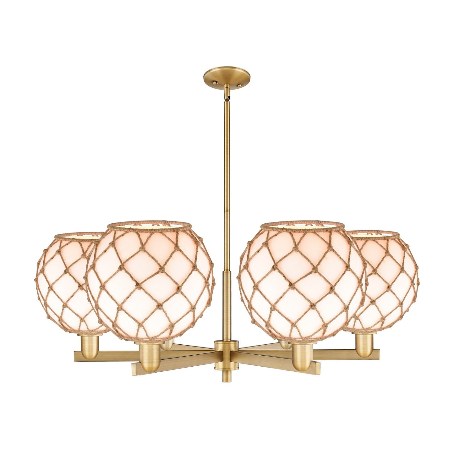 Innovations Farmhouse Rope 40in 6-Light Chandelier | Industrial Brushed Brass and Matte White Glass with Brown Rope Shade | Model 716-6CR-BB-G121-10RB