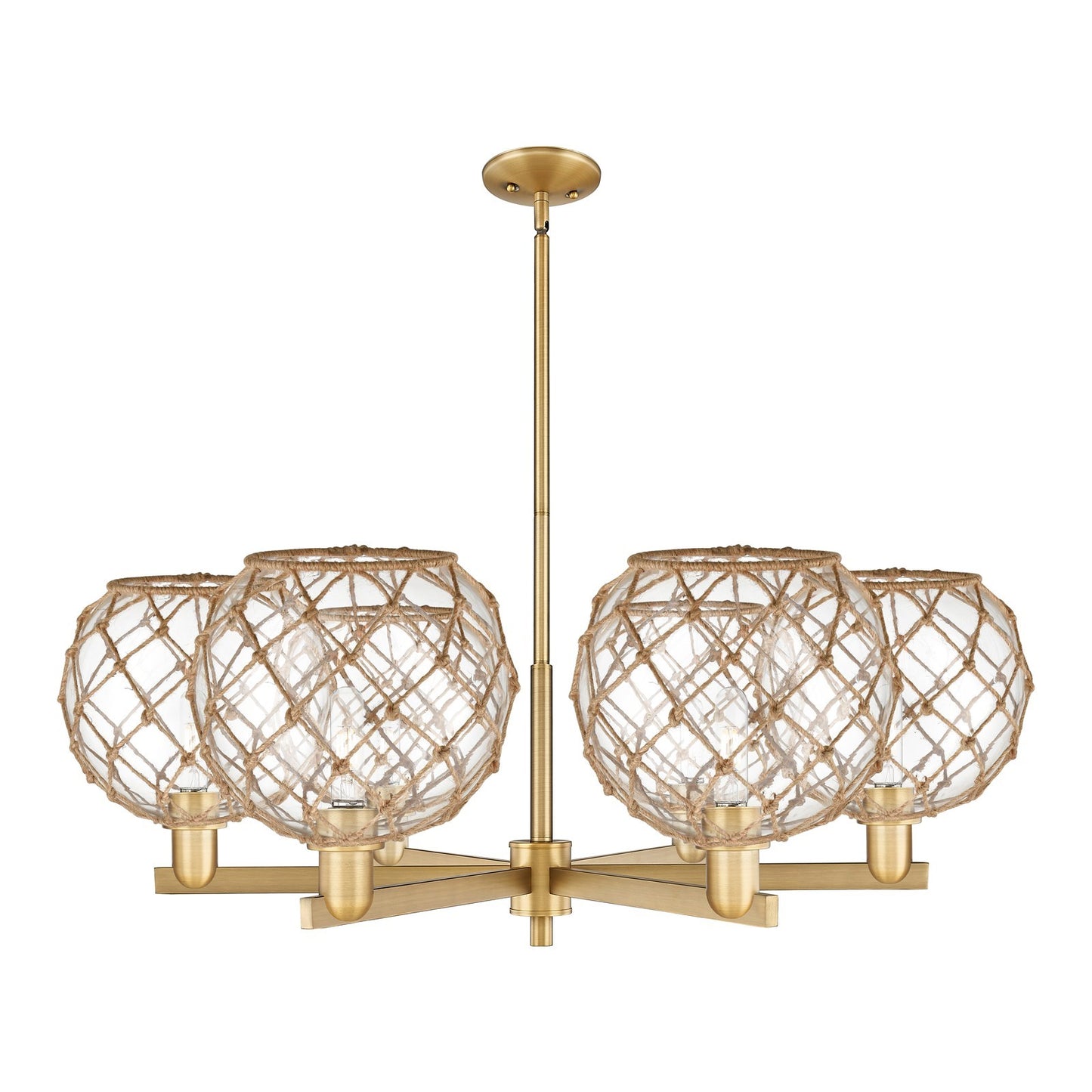 Innovations Farmhouse Rope 40in 6-Light Chandelier | Industrial Brushed Brass Steel and Clear Glass with Brown Rope | Kitchen | Model 716-6CR-BB-G122-10RB
