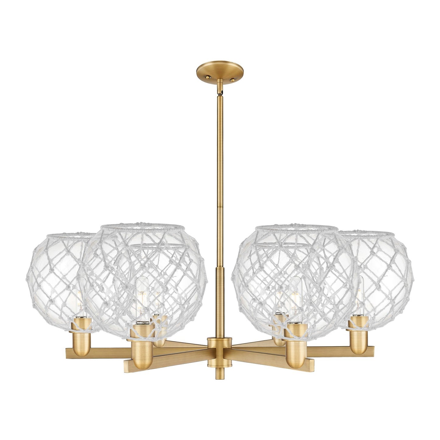 Innovations Farmhouse Rope 40in 6-Light Chandelier | Industrial Brushed Brass Steel and Clear Glass with White Rope | Dining | Model 716-6CR-BB-G122-10RW
