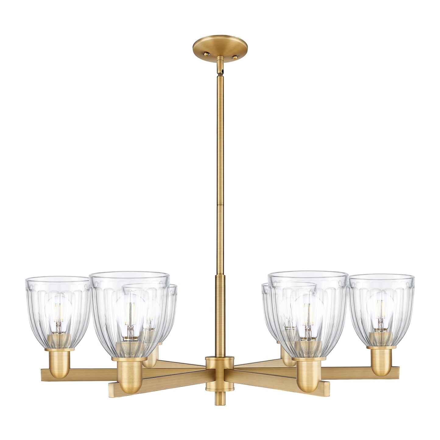 Innovations Brookfield 36in 6-Light Chandelier | Industrial Brushed Brass Steel and Clear Ribbed Glass | Dining Room & Living Room | Model 716-6CR-BB-G442