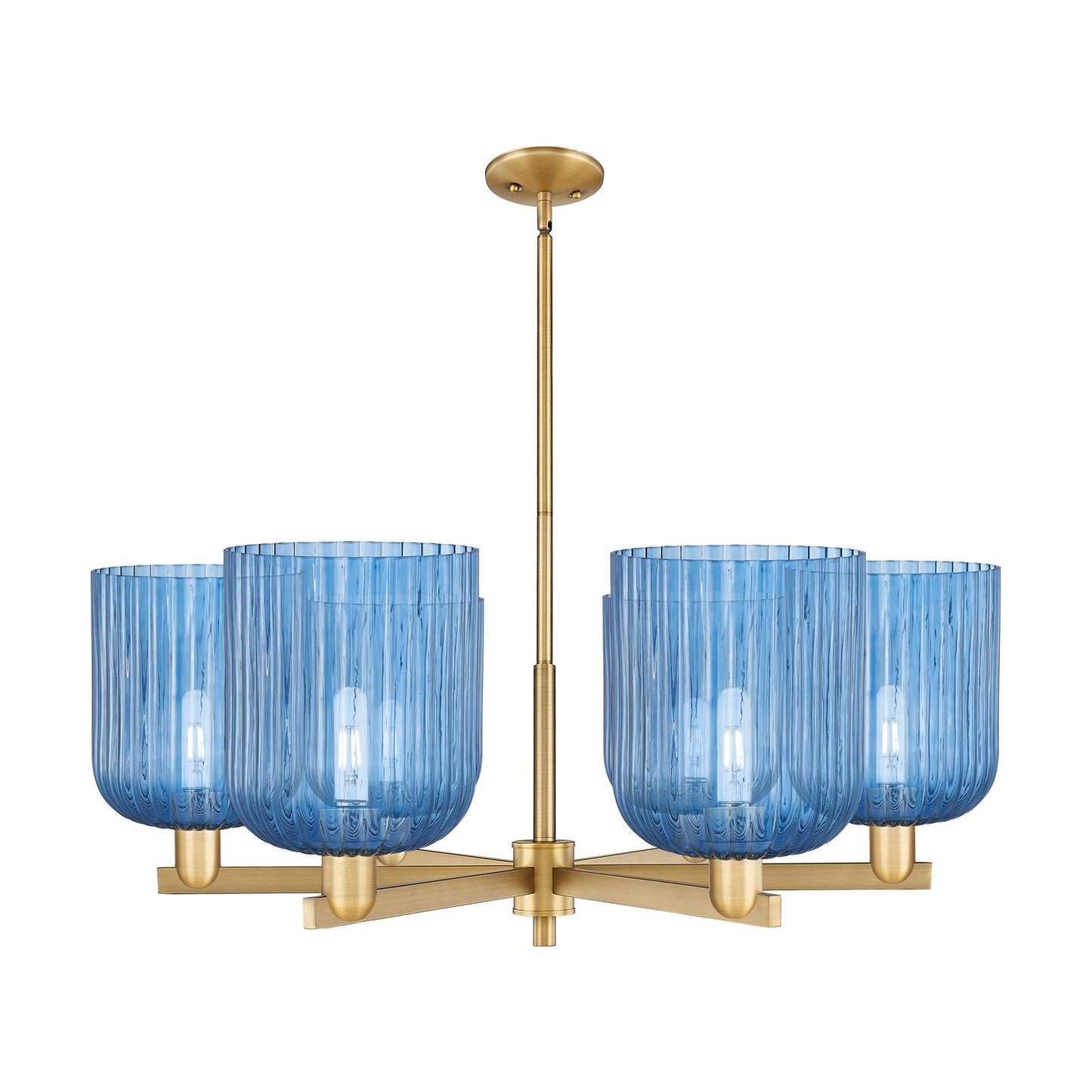 Innovations Bridal Veil 38in 6-Light Chandelier | Industrial Brushed Brass Steel and Princess Blue Glass | Dining Room & | Model 716-6CR-BB-G559-8BL