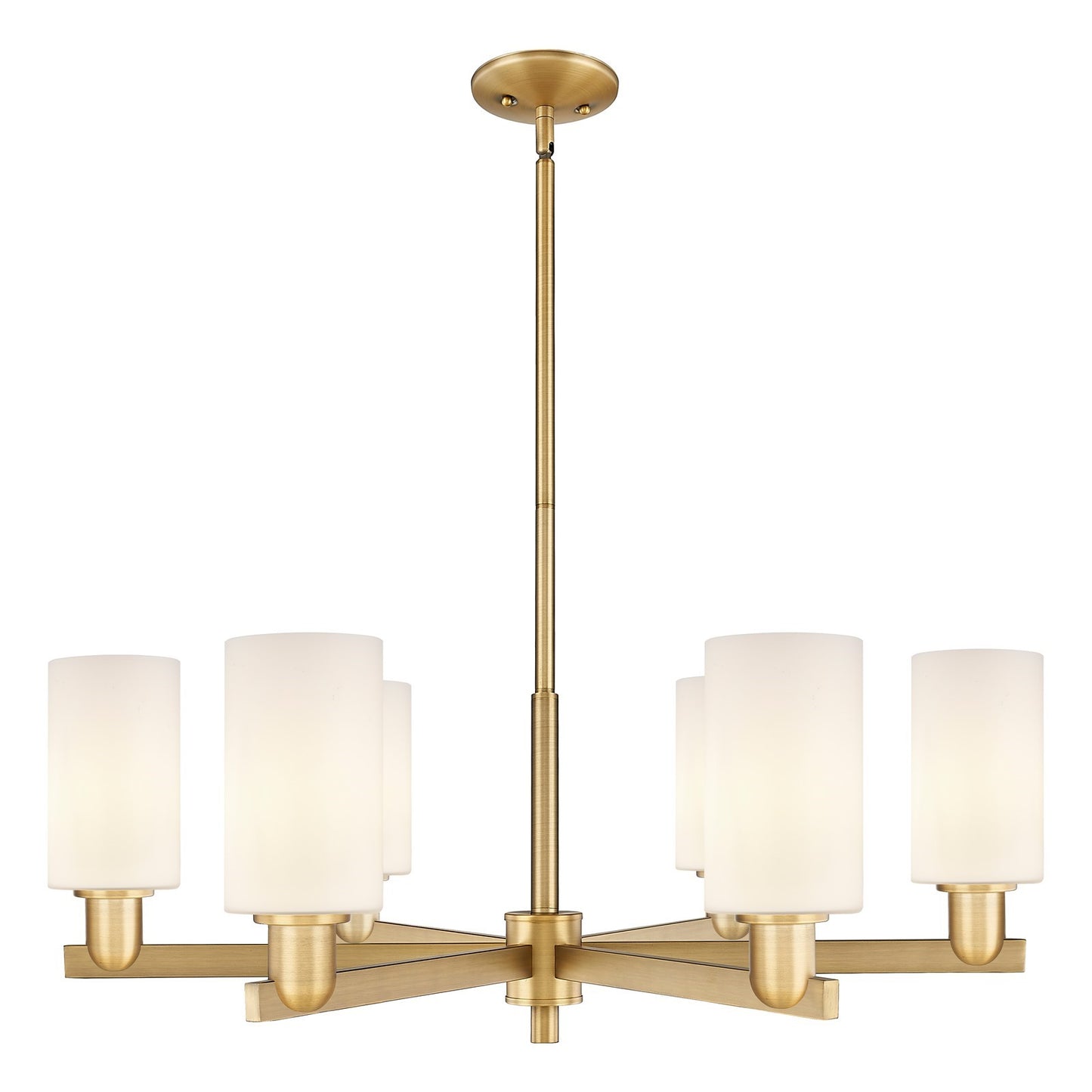 Innovations Clymer 34in 6-Light Chandelier | Industrial Brushed Brass Steel and Matte White Glass | Dining Room & Living Room | Model 716-6CR-BB-G801