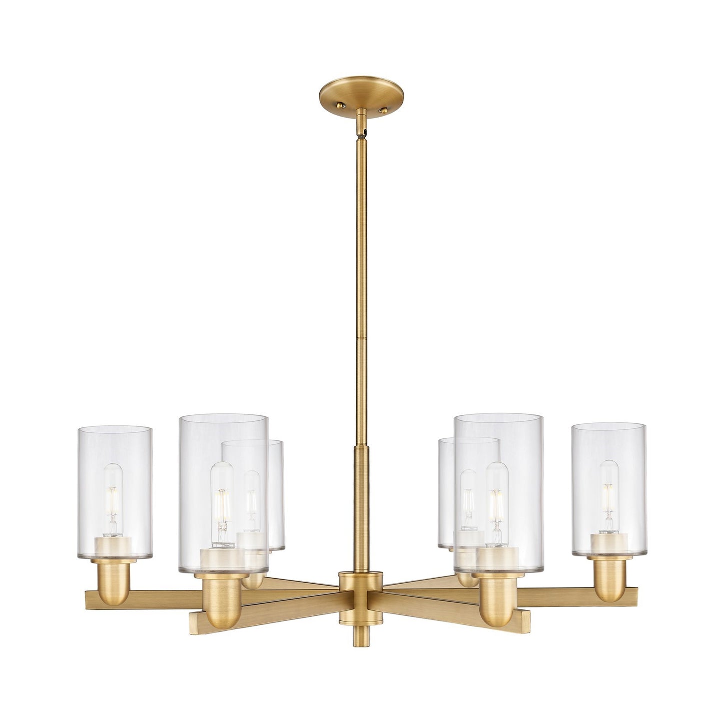 Innovations Clymer 34in 6-Light Chandelier | Industrial Brushed Brass and Clear Glass | Dining Room & Living Room | Model 716-6CR-BB-G802