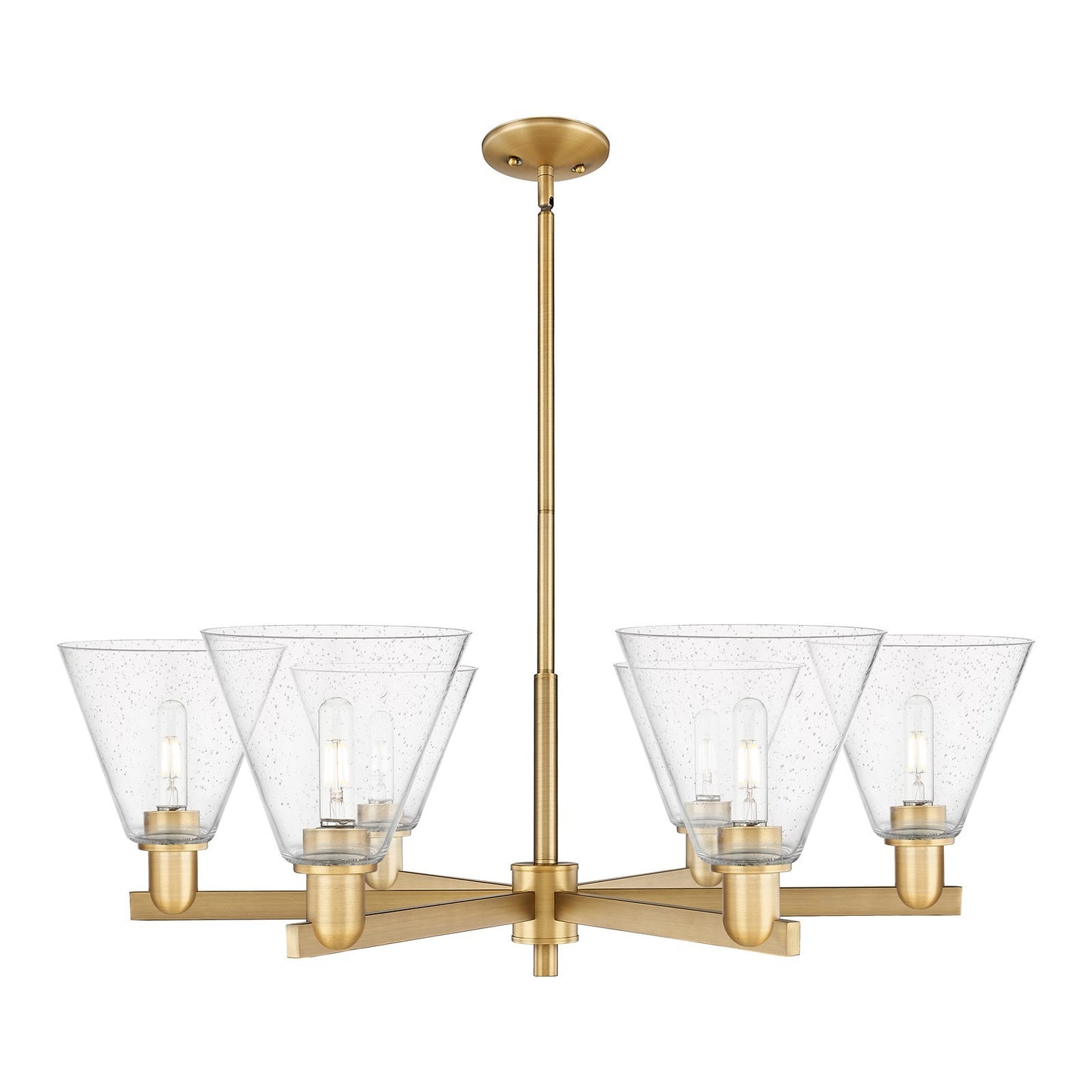 Innovations Berkshire Glass 38in 6-Light Chandelier | Industrial Brushed Brass Steel and Seedy Glass | Kitchen Island & Dining | Model 716-6CR-BB-GBC-84