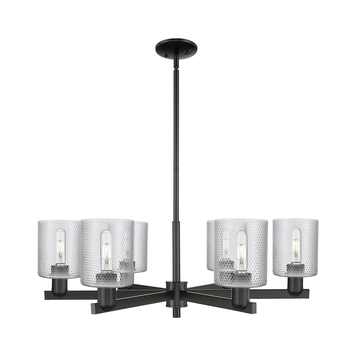 Innovations Cobbleskill 35in 6-Light Chandelier | Industrial Matte Black Steel and Clear Glass Drum Shade | Dining Room & Living | Model 716-6CR-BK-G112