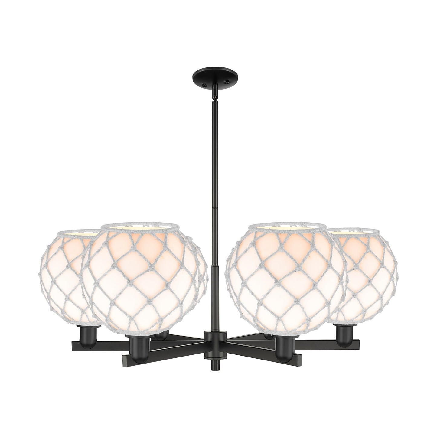 Innovations Farmhouse Rope 40in 6-Light Chandelier | Industrial Matte Black Steel and White Glass with Rope | Dining Room & | Model 716-6CR-BK-G121-10RW