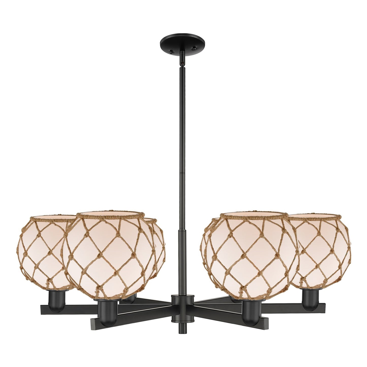 Innovations Farmhouse Rope 38in 6-Light Chandelier | Industrial Matte Black Steel and White Frosted Glass with Brown Rope | Model 716-6CR-BK-G121-8RB