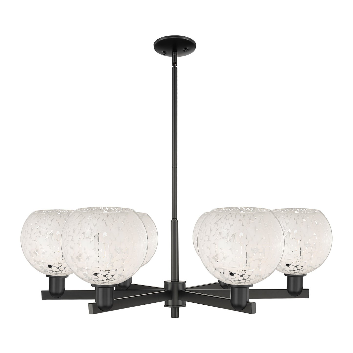 Innovations White Mouchette 38in 6-Light Chandelier | Industrial Matte Black Steel and White Mouchette Glass | Dining Room & | Model 716-6CR-BK-G1216-8WM