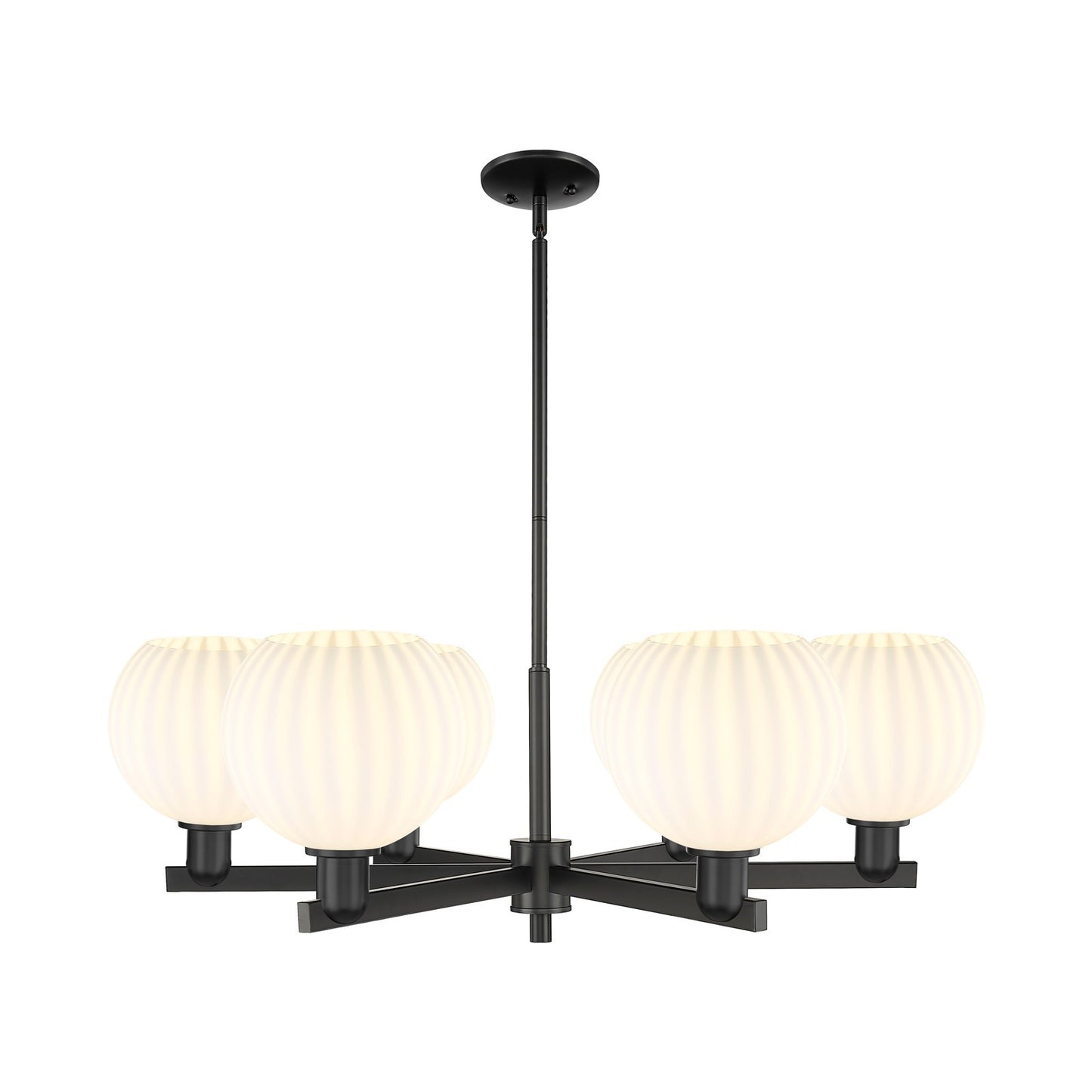 Innovations Lighting Arcadia 38in 6-Light Chandelier | Industrial Matte Black Steel and White Venetian Glass | Dining Room & | Model 716-6CR-BK-G1217-8WV