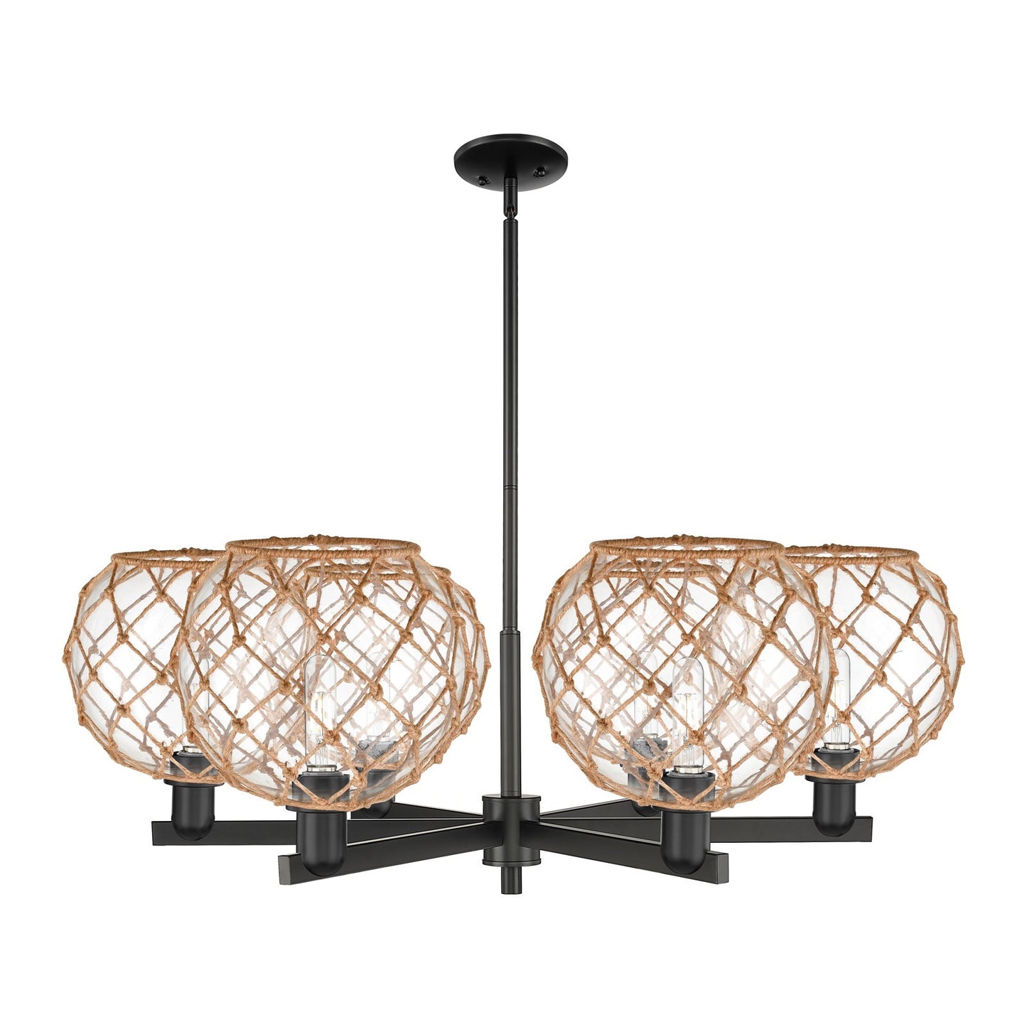 Innovations Farmhouse Rope 40in 6-Light Chandelier | Industrial Matte Black Steel and Clear Glass with Brown Rope | Dining | Model 716-6CR-BK-G122-10RB