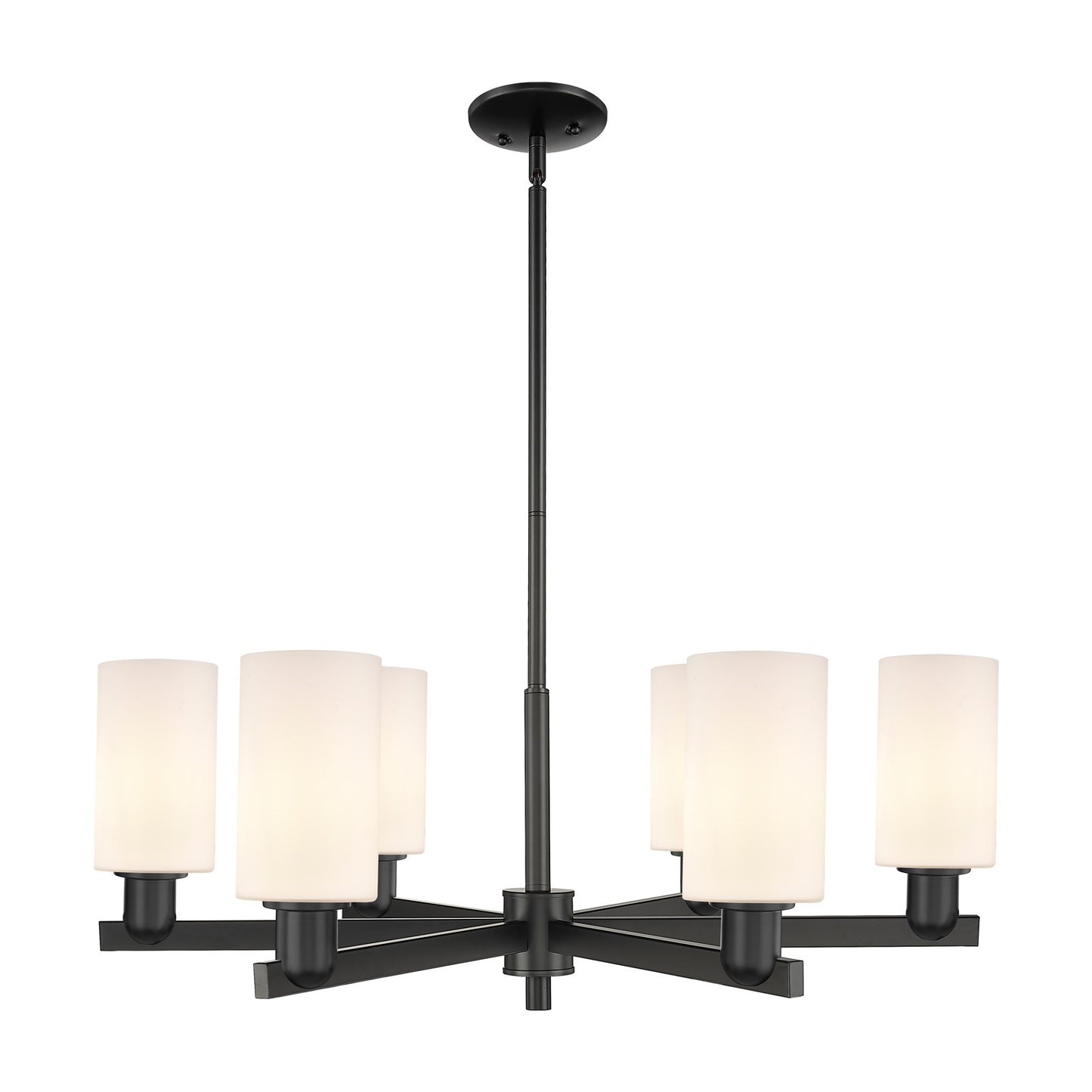 Innovations Clymer 34in 6-Light Chandelier | Industrial Matte Black Steel and Matte White Glass | Kitchen Island & Dining Room | Model 716-6CR-BK-G801