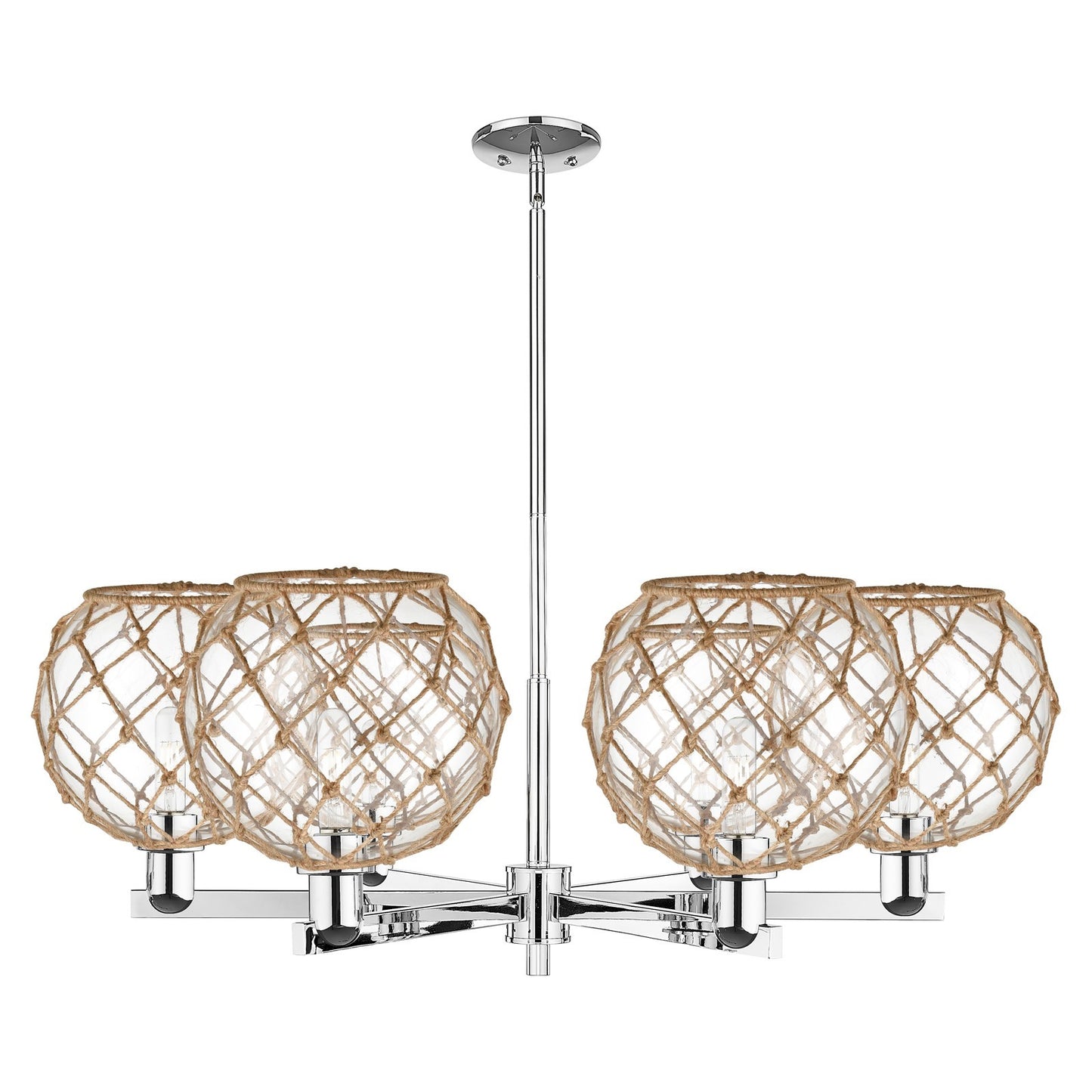 Innovations Farmhouse Rope 40in 6-Light Chandelier | Industrial Polished Chrome and Clear Glass with Brown Rope | Dining Room | Model 716-6CR-PC-G122-10RB