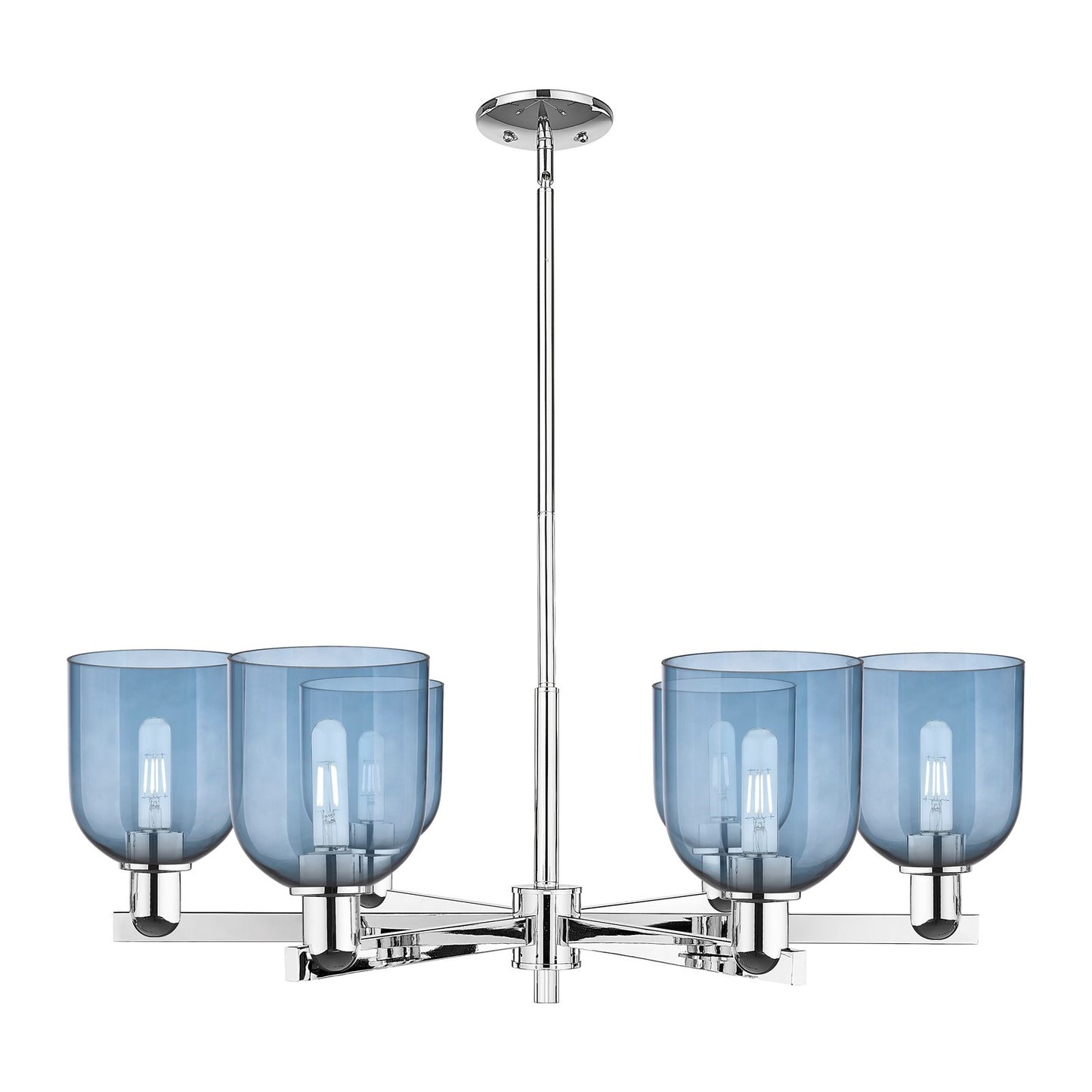 Innovations Bella 35in 6-Light Chandelier | Industrial Polished Chrome and Blue Glass | Dining Room & Living Room | Model 716-6CR-PC-G558-6BL