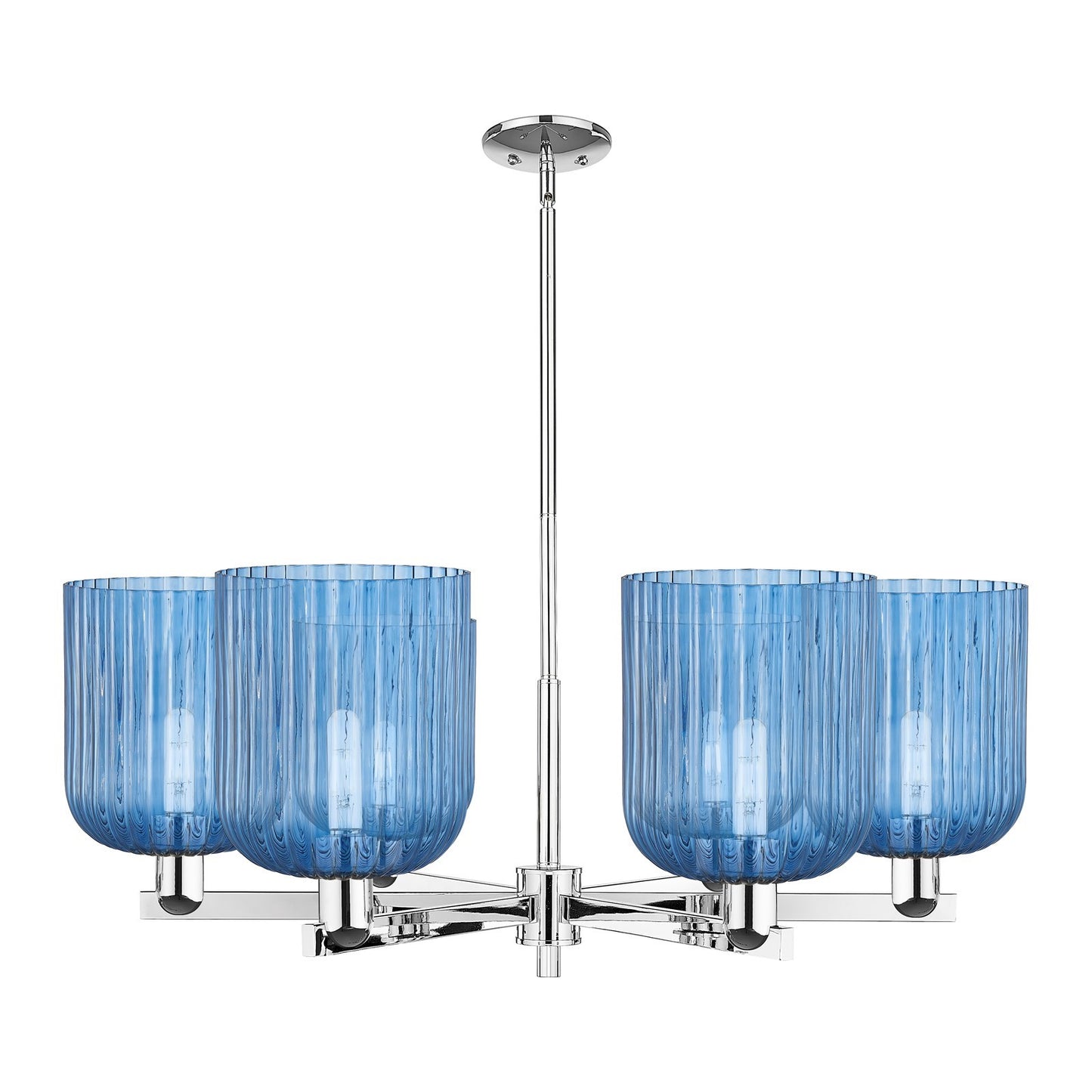 Innovations Bridal Veil 38in 6-Light Chandelier | Industrial Polished Chrome and Princess Blue Ribbed Glass | Kitchen Island & | Model 716-6CR-PC-G559-8BL
