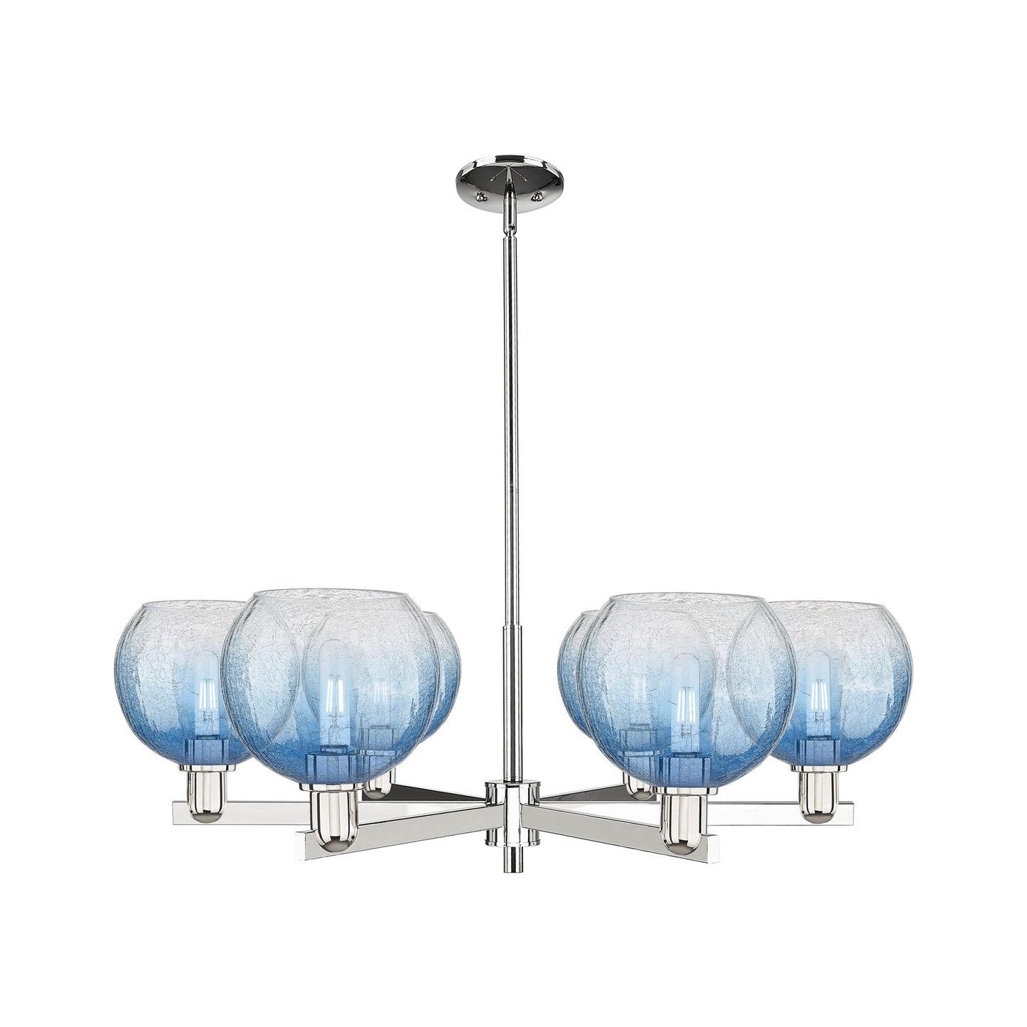 Innovations Brookhaven Globe 38in 6-Light Chandelier | Industrial Polished Nickel and Sapphire Blue Glass | Damp Rated Dining | Model 716-6CR-PN-G483-8SB