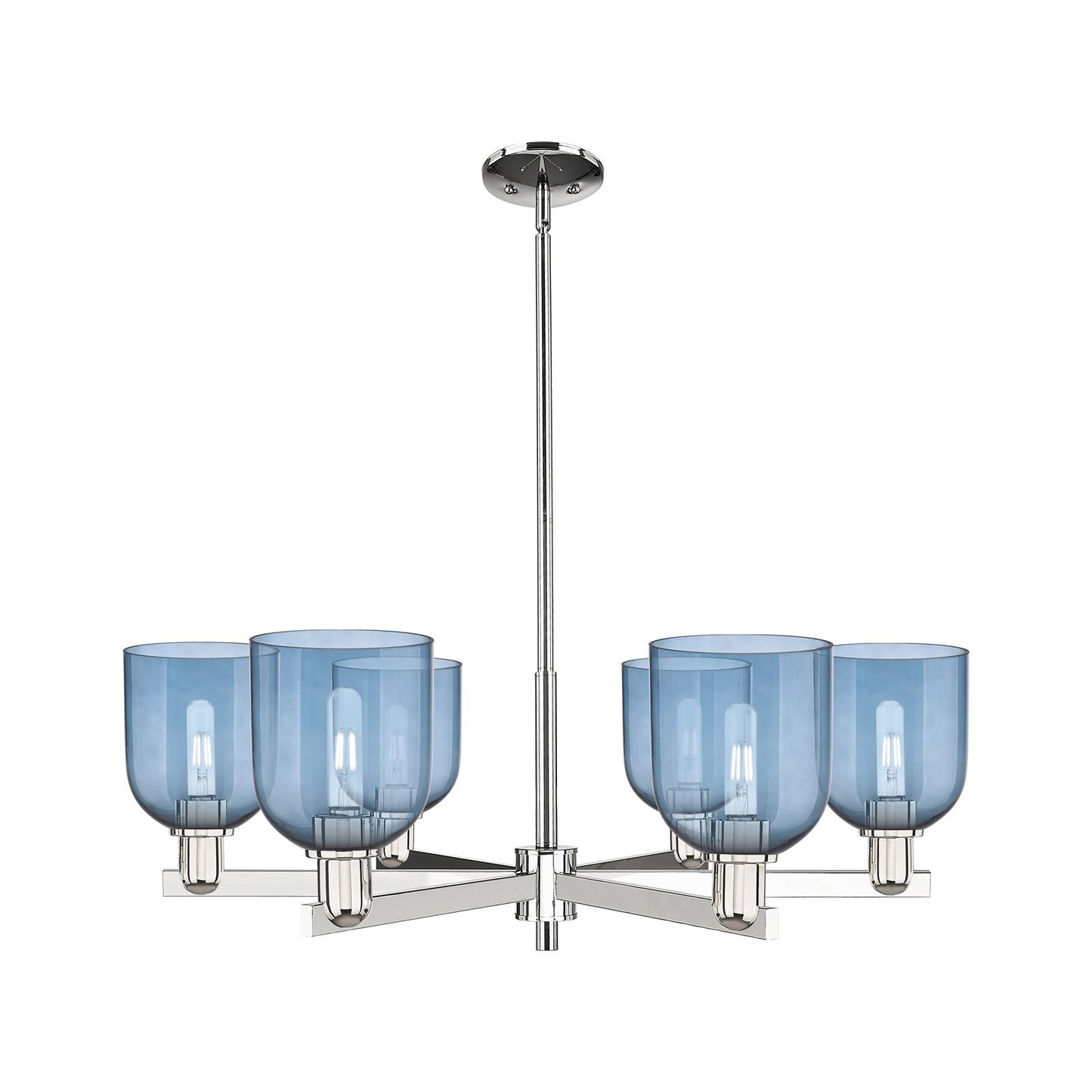 Innovations Bella 35in 6-Light Chandelier | Industrial Polished Nickel and Blue Glass | Dining Room & Living Room | Model 716-6CR-PN-G558-6BL