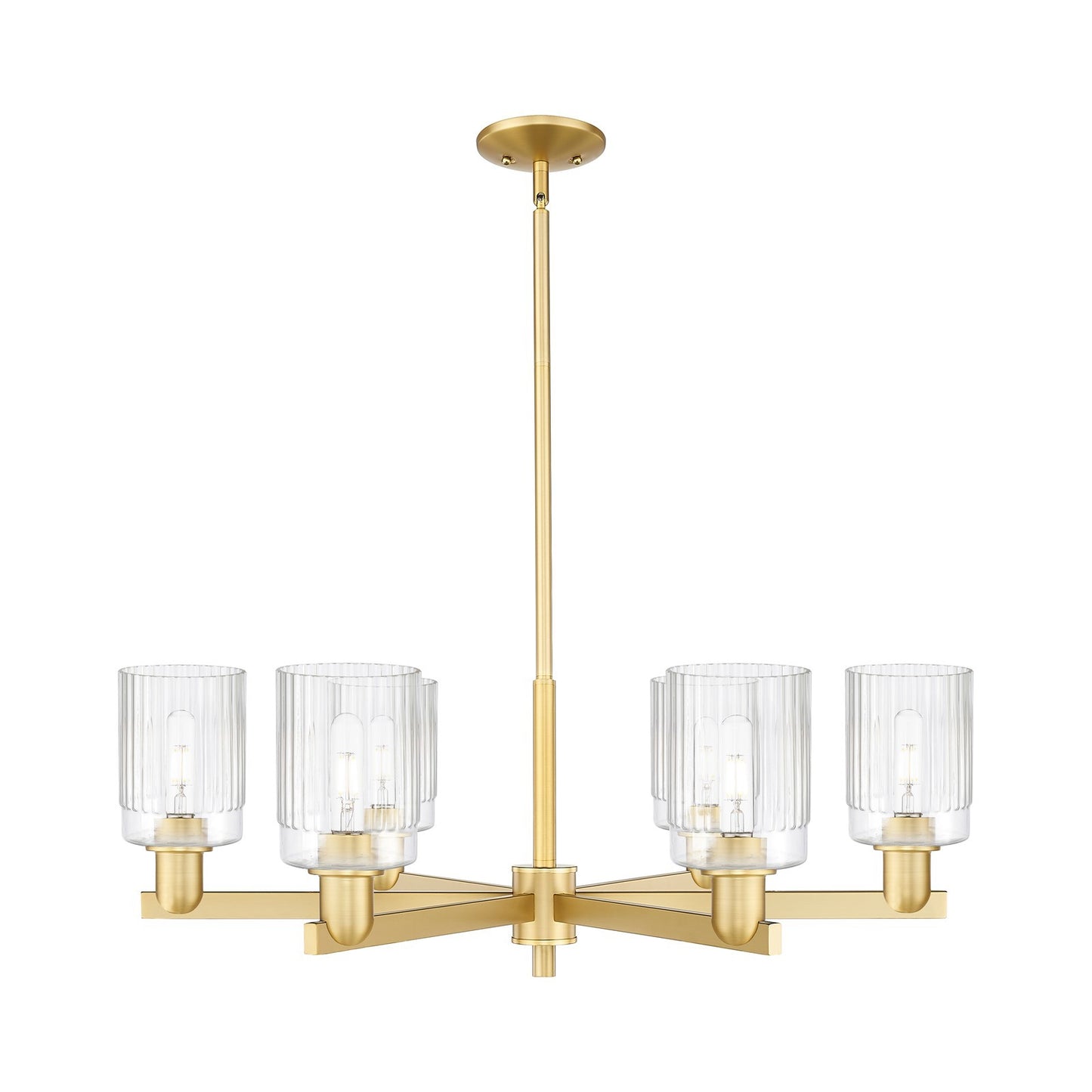 Innovations Hadley 34in 6-Light Chandelier | Industrial Satin Gold and Clear Ribbed Glass | Dining Room & Living Room | Model 716-6CR-SG-G342