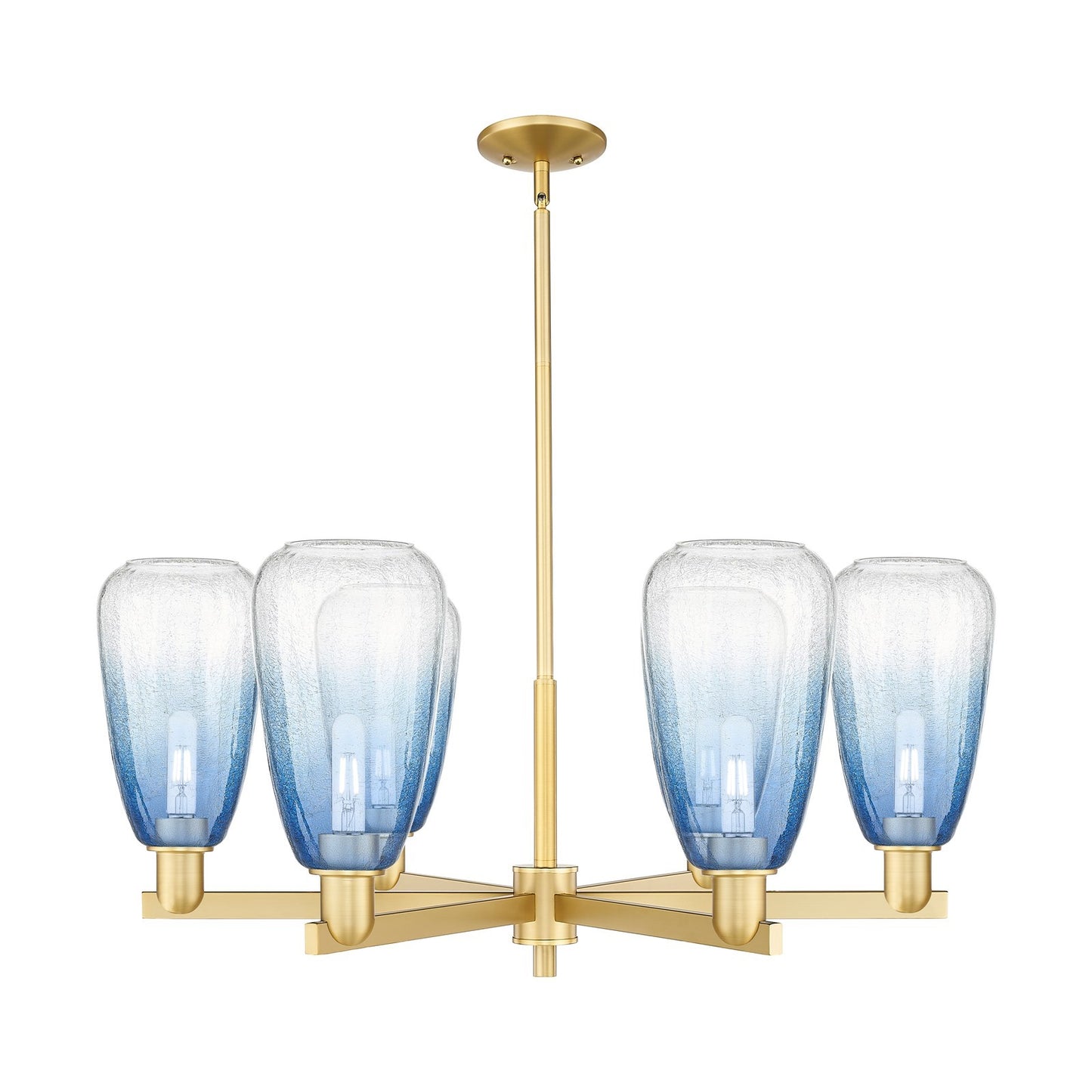 Innovations Brookhaven Almond 36in 6-Light Chandelier | Industrial Satin Gold Steel and Sapphire Blue Glass | Dining Room & | Model 716-6CR-SG-G480-6SB